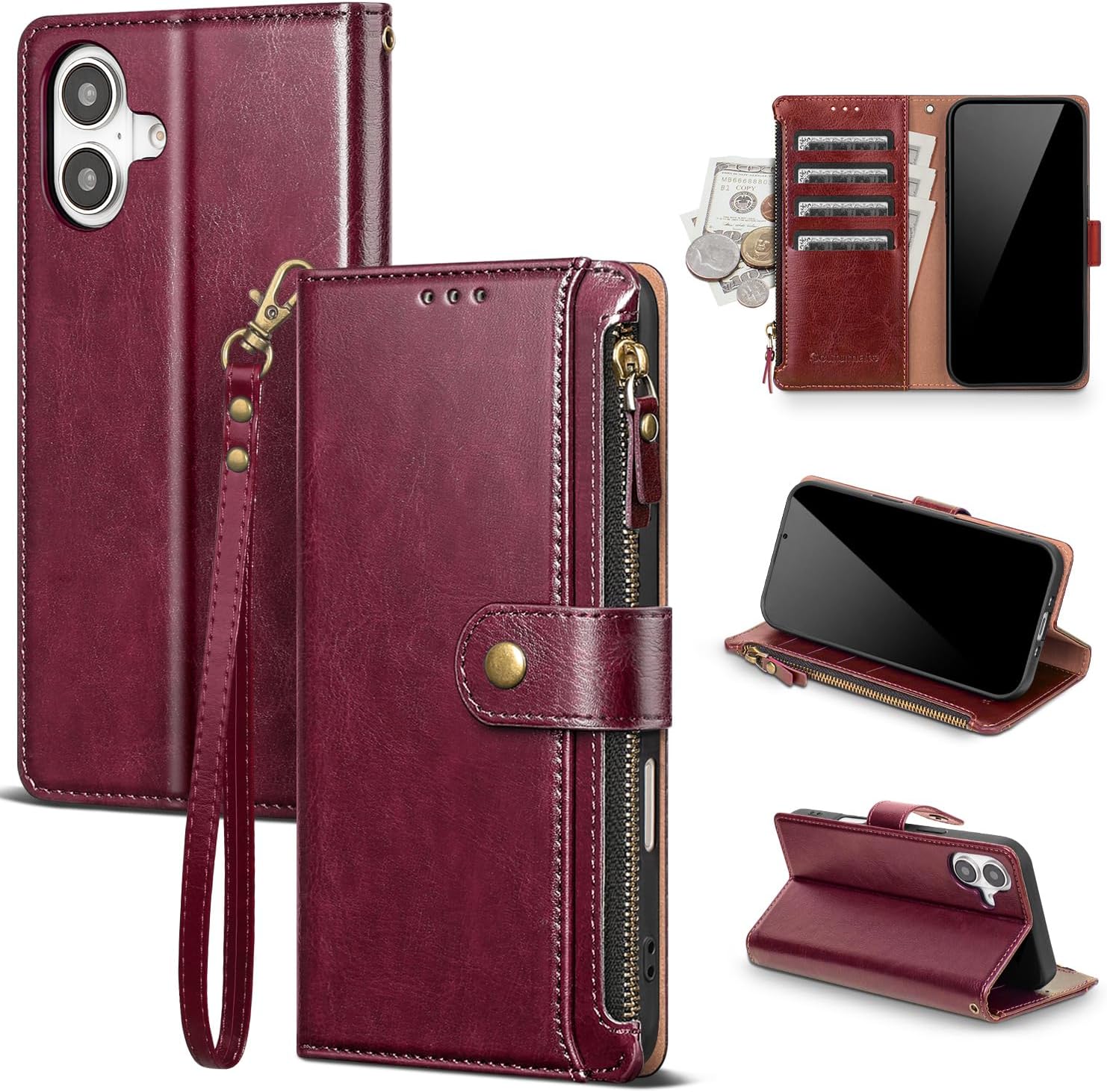 Compatible with iPhone 17 Wallet Case with Card Holder RFID Blocking Zipper Poket PU Leather Flip Phone Case with Wrist Strap Credit Card Slots Men Women,for Apple 17 6.3",Wine Red