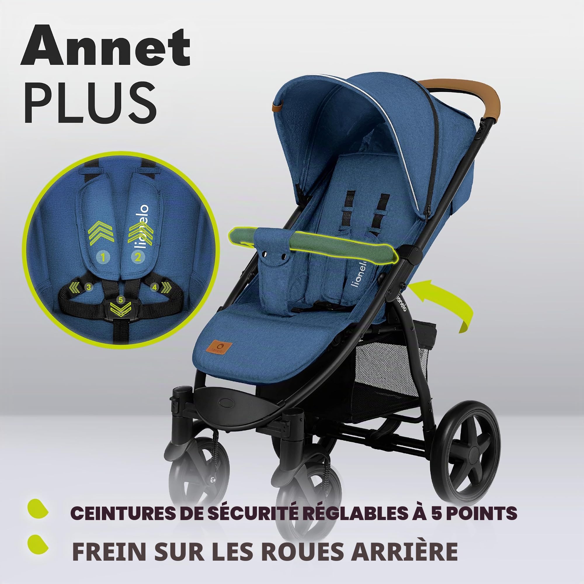 LIONELO Annet Plus Poussette de naissance jusqu'à 22 kg Poussette légère et pliable avec dossier inclinable en position couchée Roues en mousse EVA Moustiquaire Couverture Porte-gobelet Panier XXL