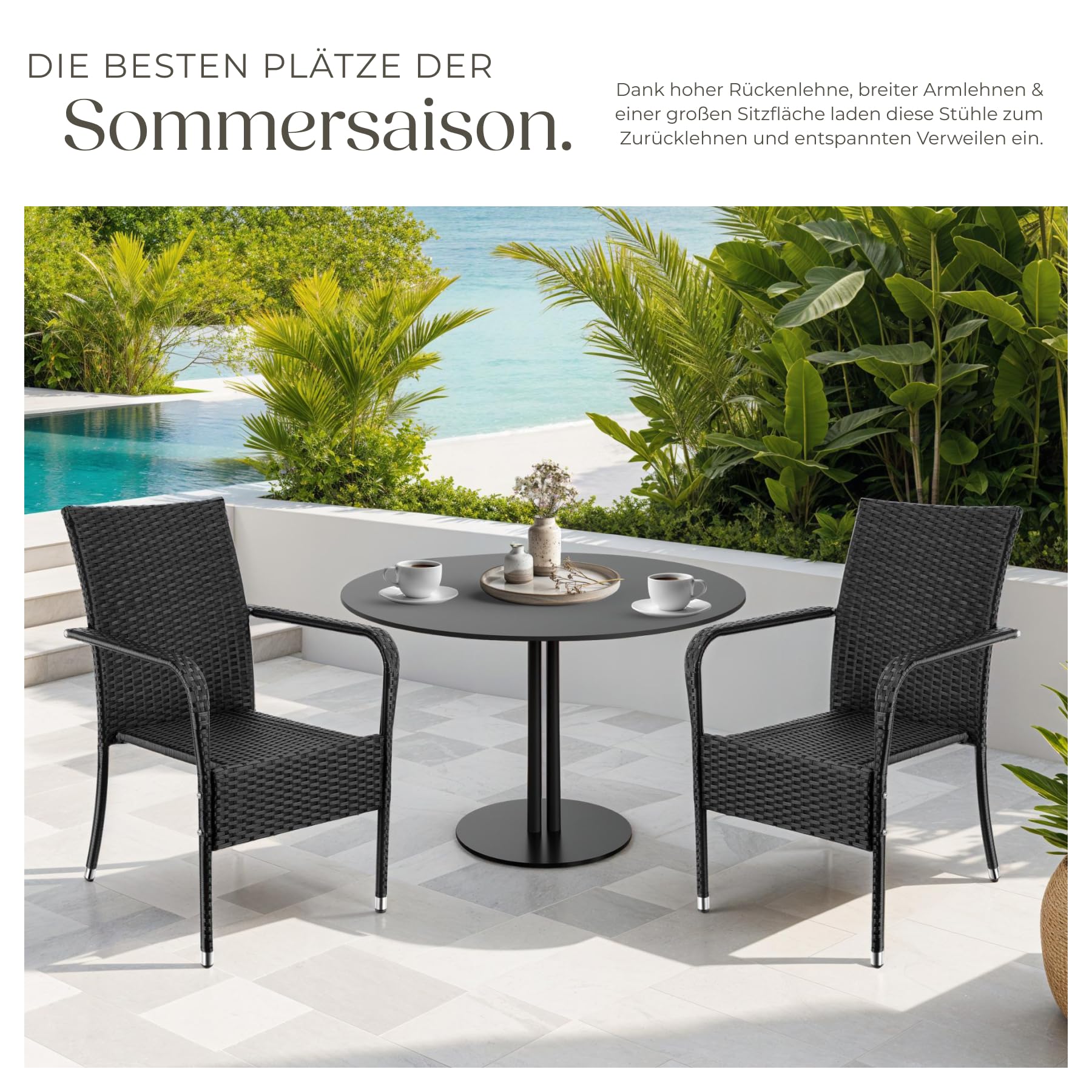 tectake® Rattan Stühle Esszimmer Outdoor, Stapelstühle, Gartenmöbel Set, Gartenstühle stapelbar, Outdoor Küche, Terrasse, Wintergarten Möbel, Korbsessel Armlehne, Balkon Set, Terrassenmöbel - 2er Set