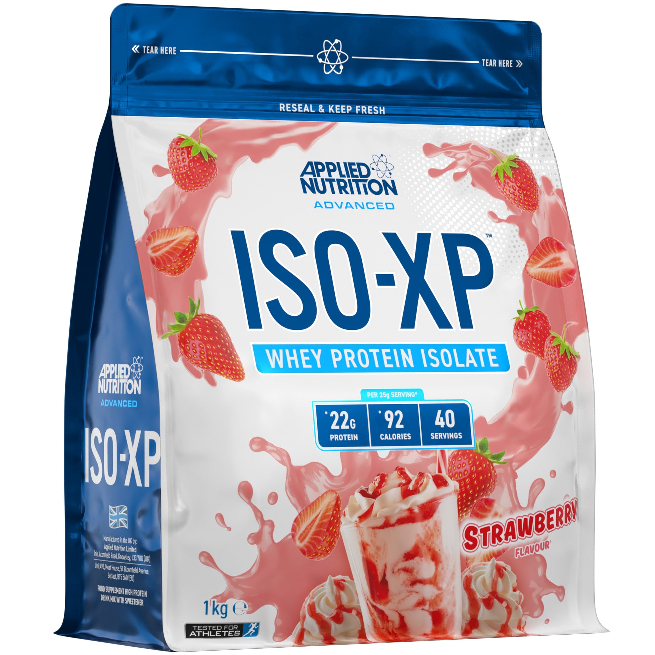 Applied Nutrition ISO-XP Whey Protein Powder – 22g Protein, Low Fat, Low Carb Whey Isolate Protein Powder, Rich in Amino Acids, Grass-Fed, Soy Free, Halal Certified (1kg - 40 Servings) (Strawberry)