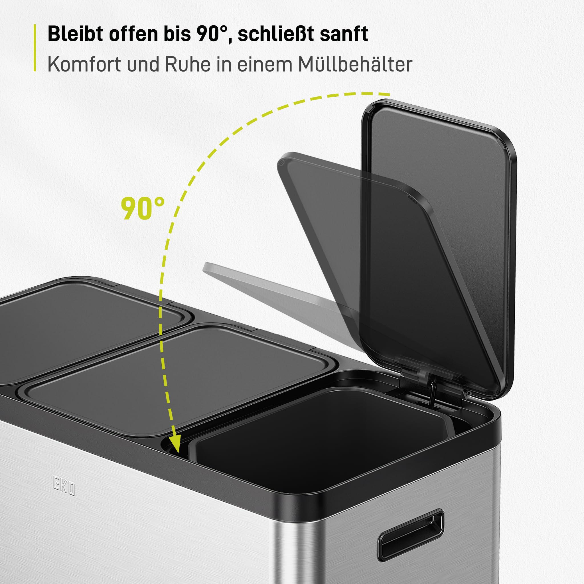 EKO Essential - Pattumiera a 3 scomparti, 3 x 20 litri, sistema di raccolta differenziata, con 20 sacchi della spazzatura, con coperchio, chiusura delicata e ermetica, in acciaio inox spazzolato