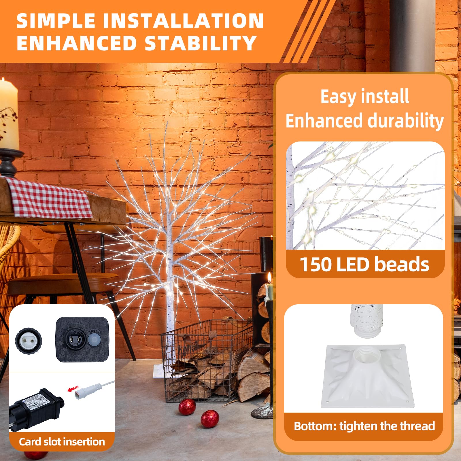 CCLIFE Albero Luminoso da Interno Led Esterno Albero Fatato Lampada Natale,Lampada Albero di Betulla Bianca,Bianco Caldo,IP44,120 cm,150 LED,CushHom