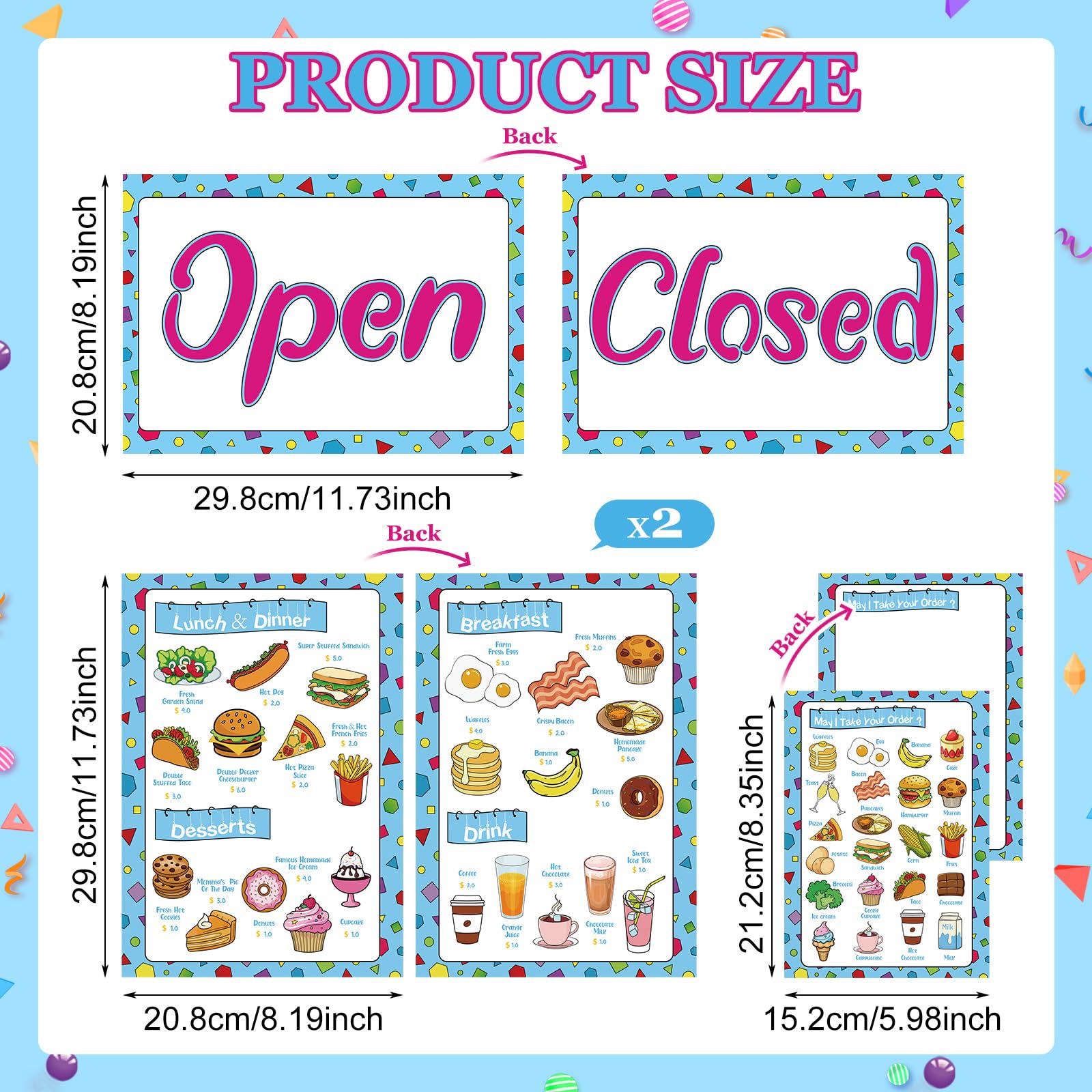 Juego de 6 piezas de juguetes de menús de restaurante para niños, almohadillas de pedidos de comida de cocina, 4 menús de simulación, 1 bloc de notas de servidor de verificación de invitados, 1 2