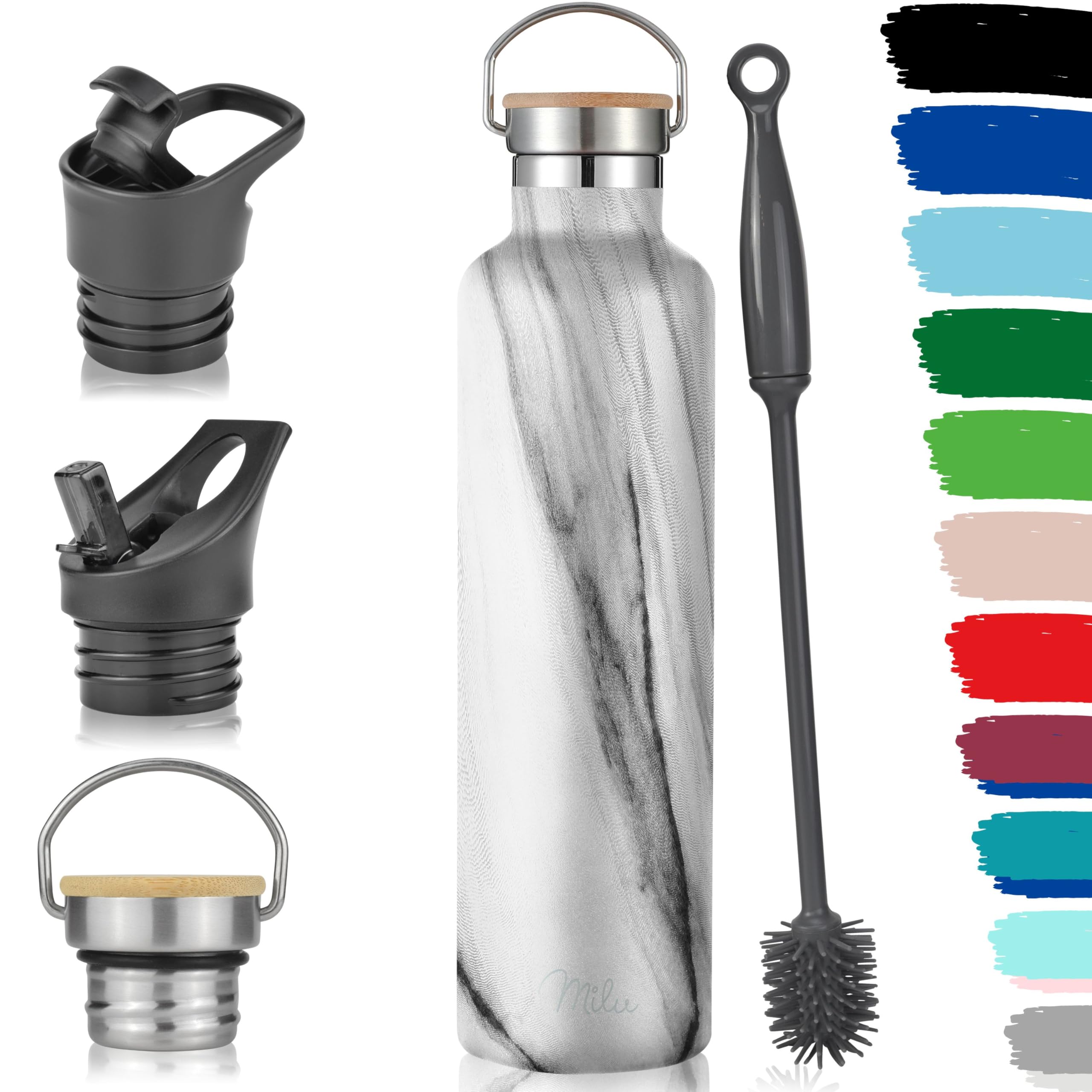 Milu Marble Stainless Steel Drinking Bottle 350Ml, 500Ml, 750Ml, 1L (+3 Lids) - Thermo Bottle With Straw, Water Bottle, For Hot, Cold & Carbonated Drinks (, 1000Ml)
