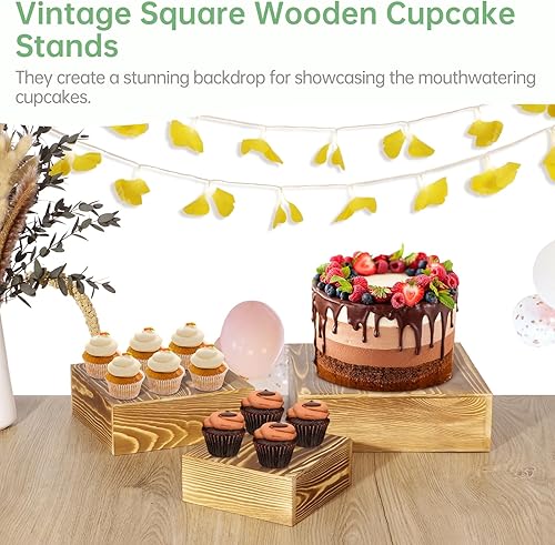 Miniatura 2 de Cajas apilables de madera natural  Juego de caja cuadrada de madera para almacenamiento de cupcakes  Soporte de pastel vintage para fiestas,
