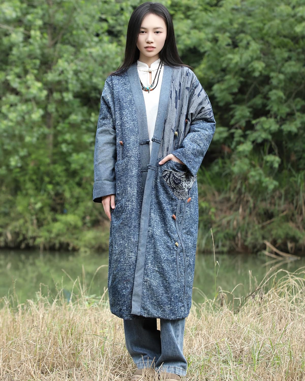 Women’s Denim Cotton-Padded Coat, Long Oversized Kimono Collar Jacket with Patchwork and Pockets - Image 8