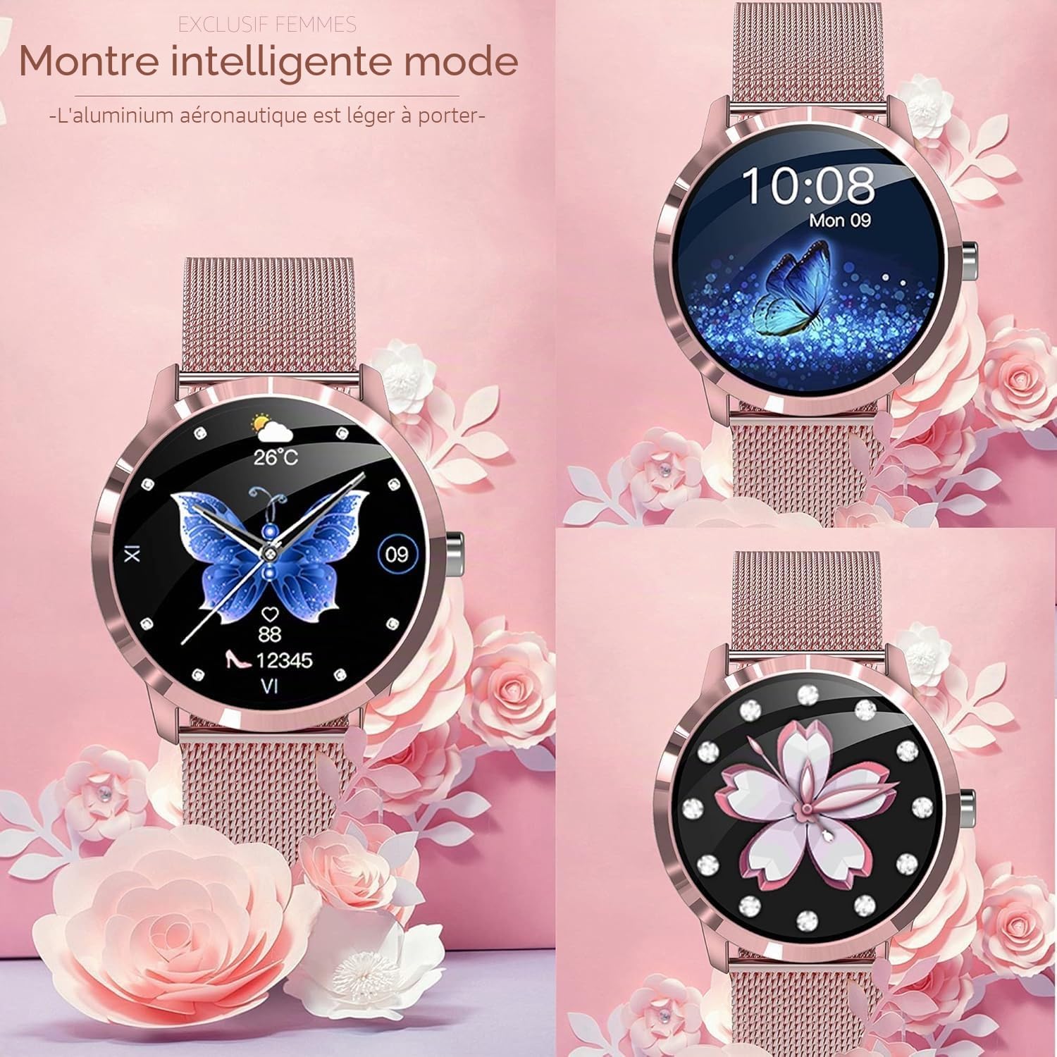 Montre intelligente pour femme, écran AMOLED de 1,32 pouces avec fonction téléphone, tracker de fitness, 123 modes sportifs, moniteur d'activité avec tension artérielle, moniteur de sommeil, podmètre