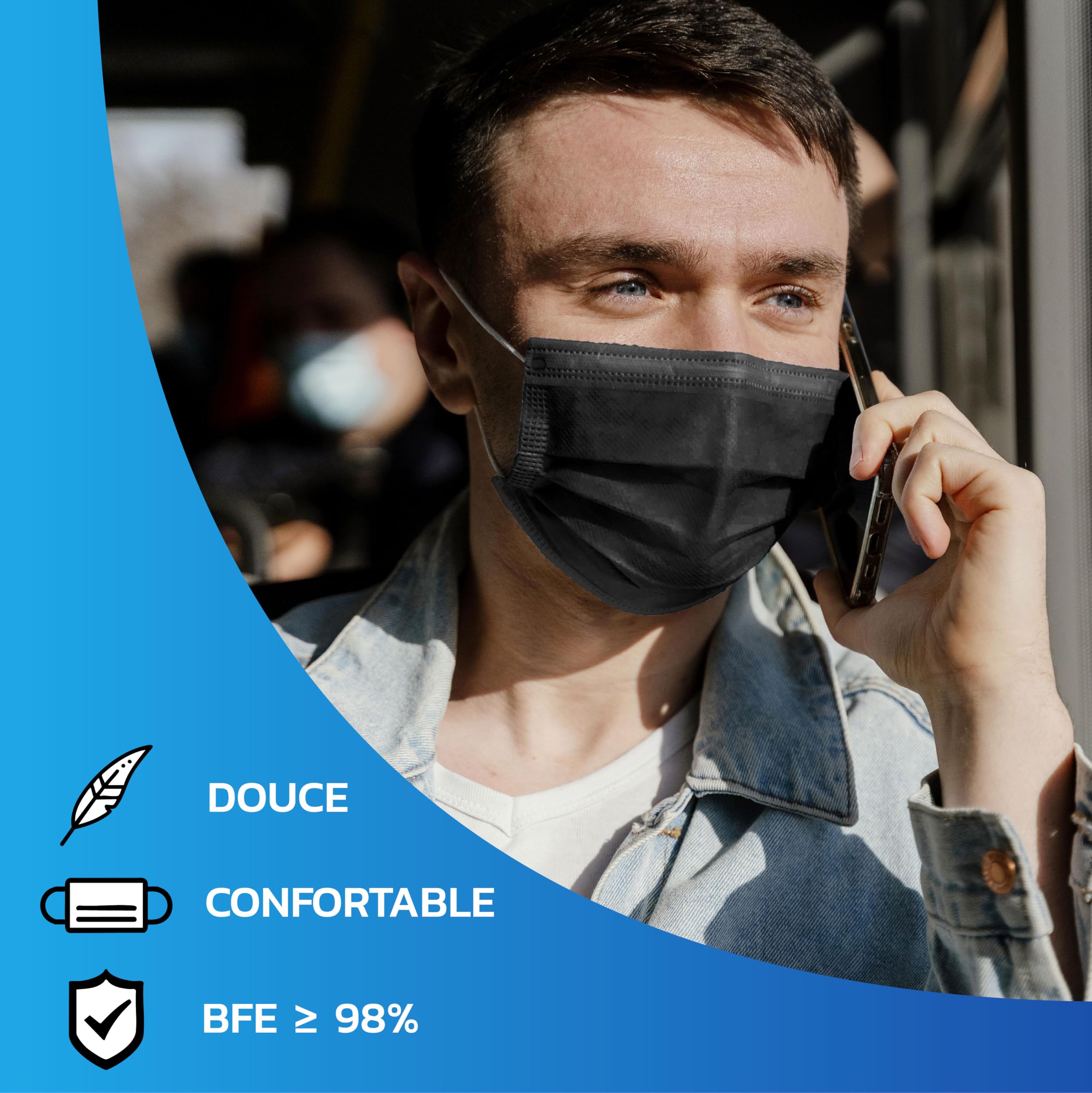 Masques Chirurgicaux Noirs Jetables – Lot 200 Pièces - Type IIR | Certifiés CE EN 14683 BFE ≥ 98% | 3 Couches Protection Respiratoire Adulte
