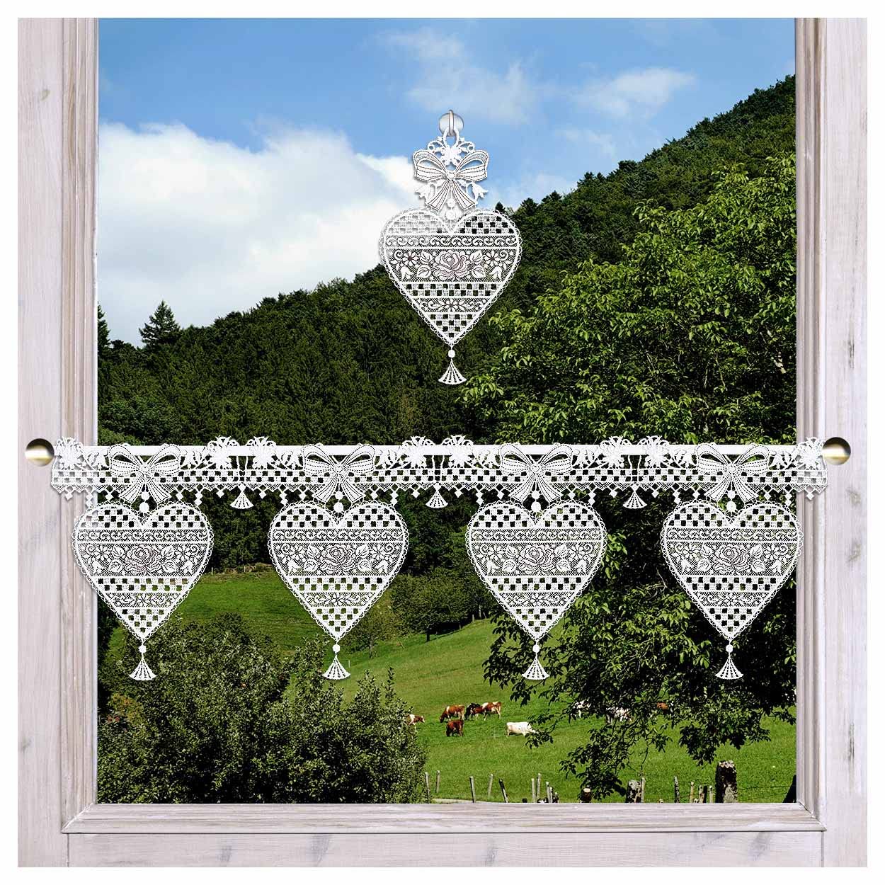 Feenhaus-Scheibenhänger Herz Annemarie Plauener Spitze in weiß-braun rustikale Kurzgardine mit Blüten im Landhaus-Stil 23 x 74 cm