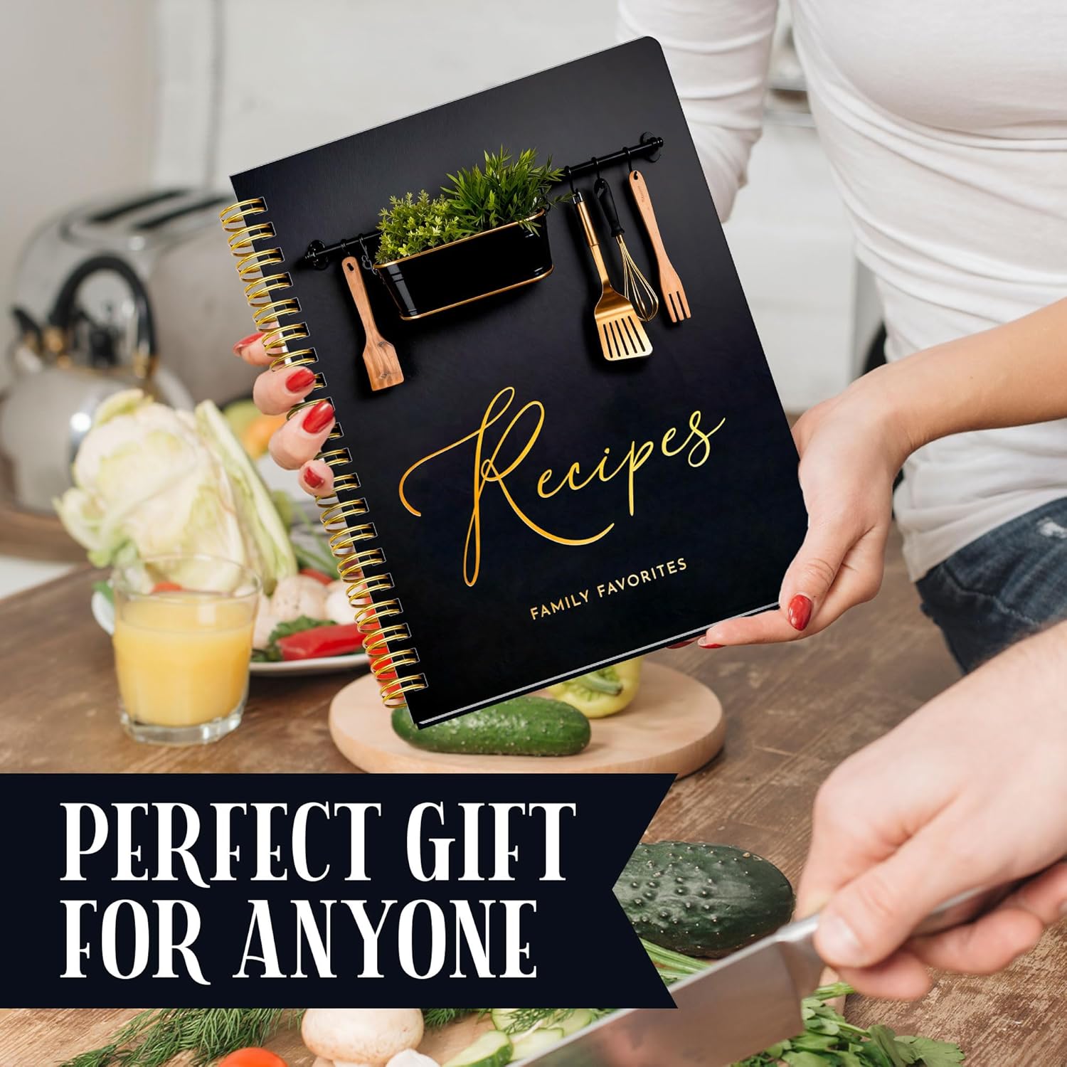 Black & Gold Recipe Notebook (8.5 x 11) – Spiral Recipe Journal to Write Your Own Recipes, 147 Fixed Pages, Lay-Flat Design, Table of Contents, Pocket, Stickers, Gift-Ready Box