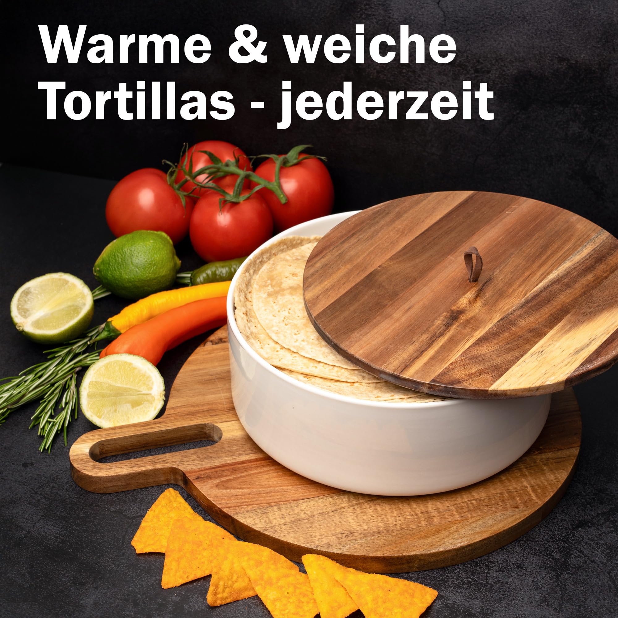 Tortillada - 23,5 cm Tortilla Wärmer mit Holzdeckel, Keramik Tortilla Warmer, Wrap Wärmer - Für Mikrowelle geeignet