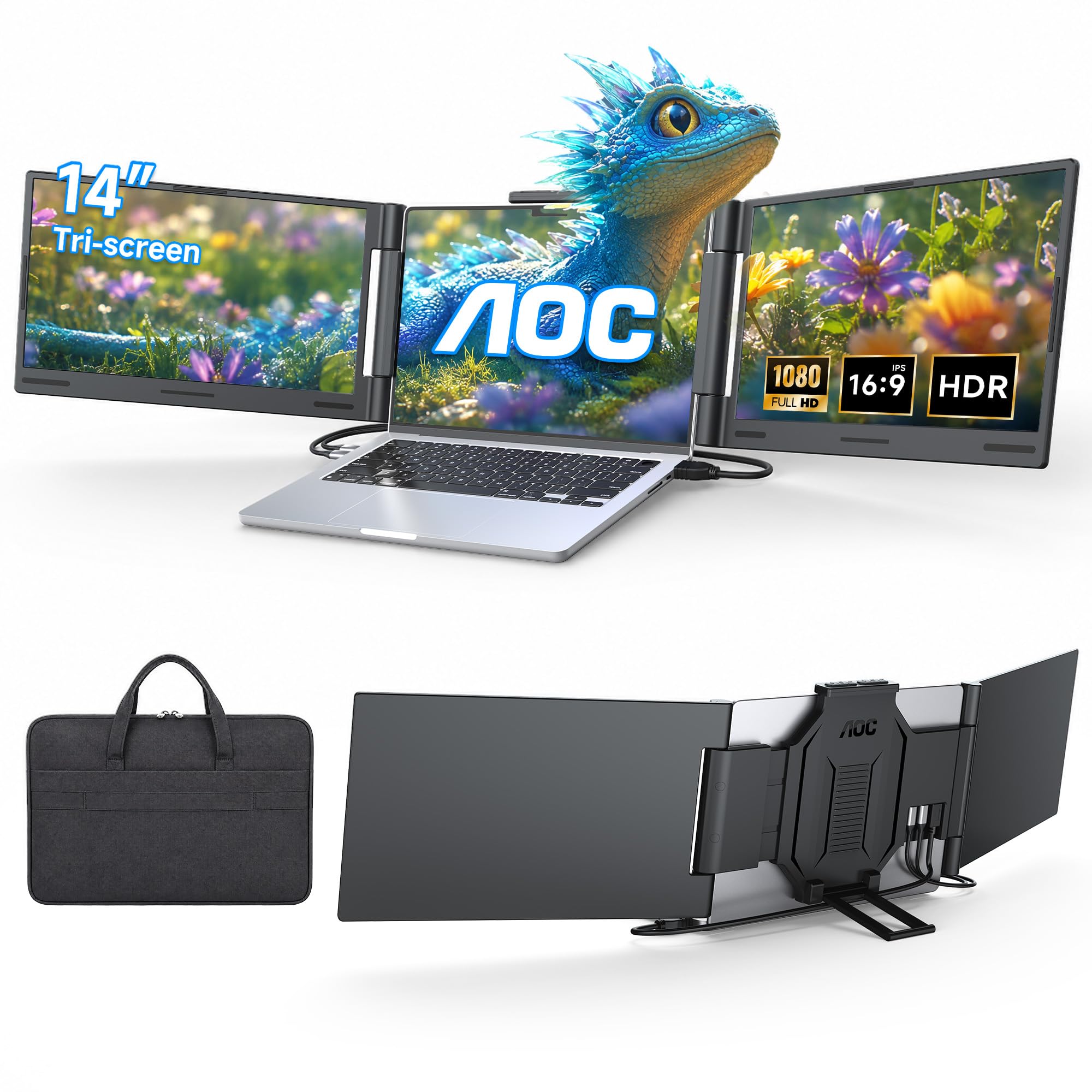 Photo 1 of AOC 14" Laptop Screen Extender, Triple Portable Monitor for 13”-17.3" Laptops, 1080P FHD IPS Display, HDMI/USB-C Cable Plug-Play Laptop Monitor Extender for Mac/Windows (Black)