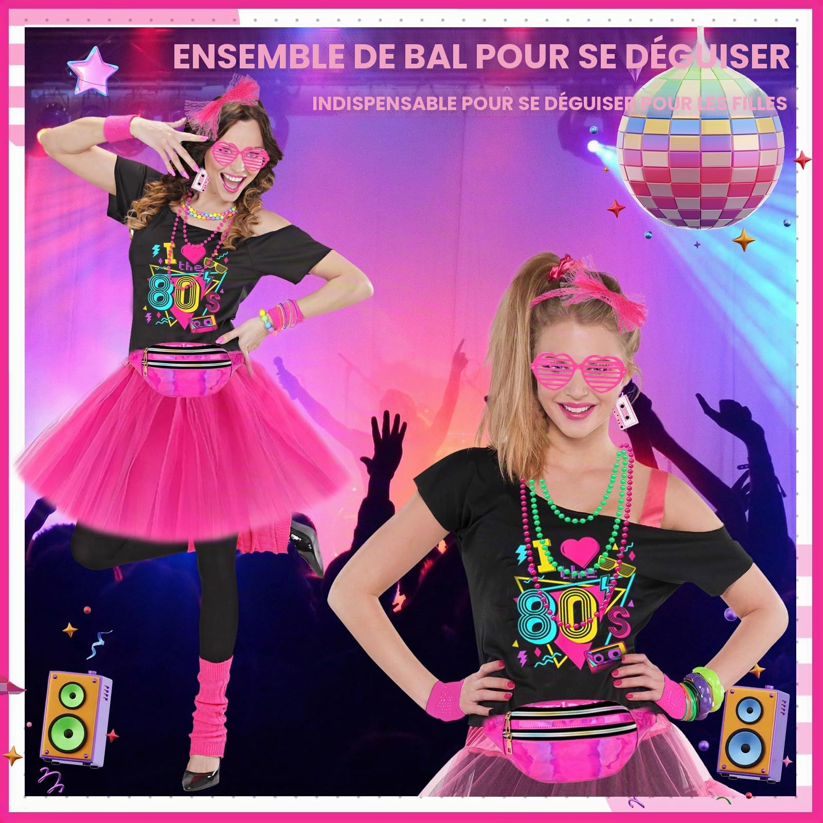 22Pièces Déguisement de Année 80 pour Femme, 80s Ensemble d'accessoires de Costume avec T-shirt Tutu Sac de Ceinture Gants Bandeau Lunettes Boucles Oreilles Collier pour Halloween Carnaval Thème Fête