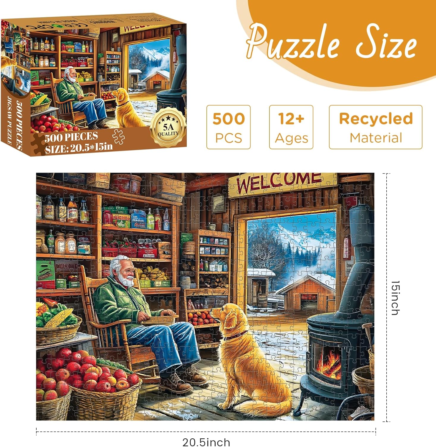 500 Pieces Puzzle for Adults, Country Shop Puzzle for Adult, Elder Man and Golden Dog Jigsaw Puzzle 500 Pieces, Fun and Challenging Family Game Great Gift Idea, 20.5 * 15 in