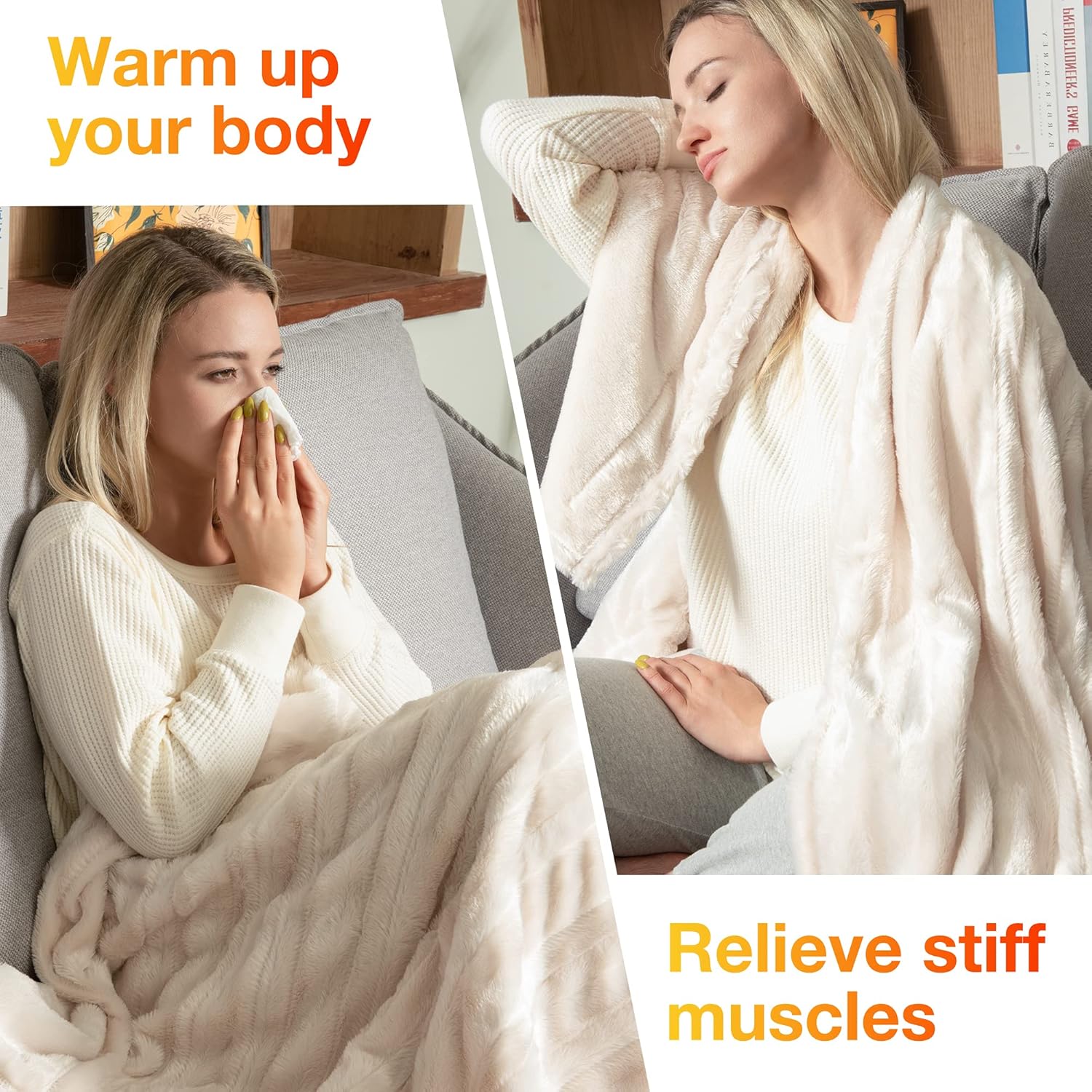 WOOMER Electric Heated Throw Blanket, Soft Faux Fur Fast Heating Blanket, 4 Heating Levels & 4 Hours Auto Off (50"x 60"), Machine Washable, Over-Heat Protection, ETL Certification