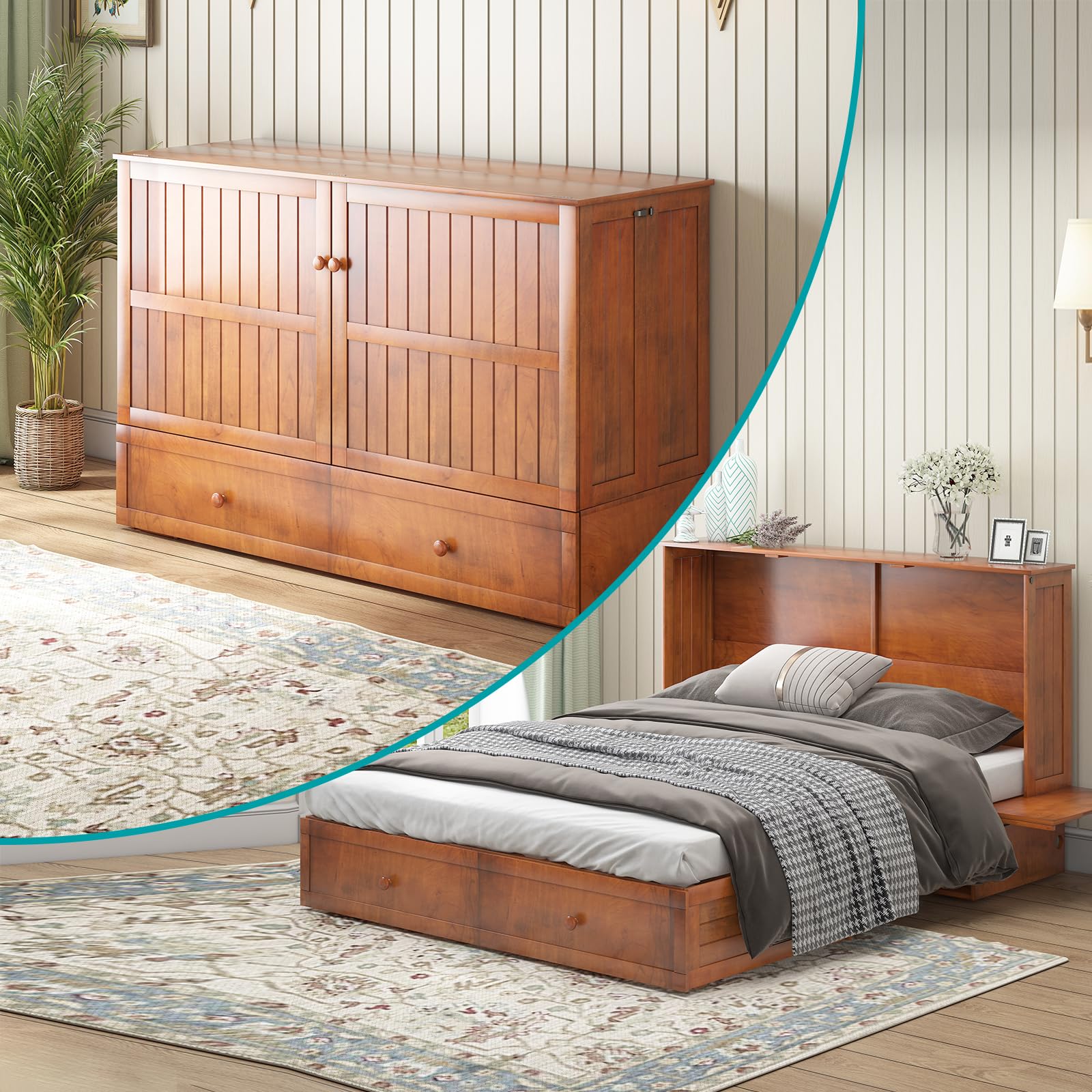 BALUS Queen Murphy Bed, Solid Wood Foldable Cabinet Bed with Tri-Folding Mattress, 2 Storage Drawers & USB Charging Station, Hidden Murphy Cube Beds for Living Room Guestroom Bedroom, Cherry