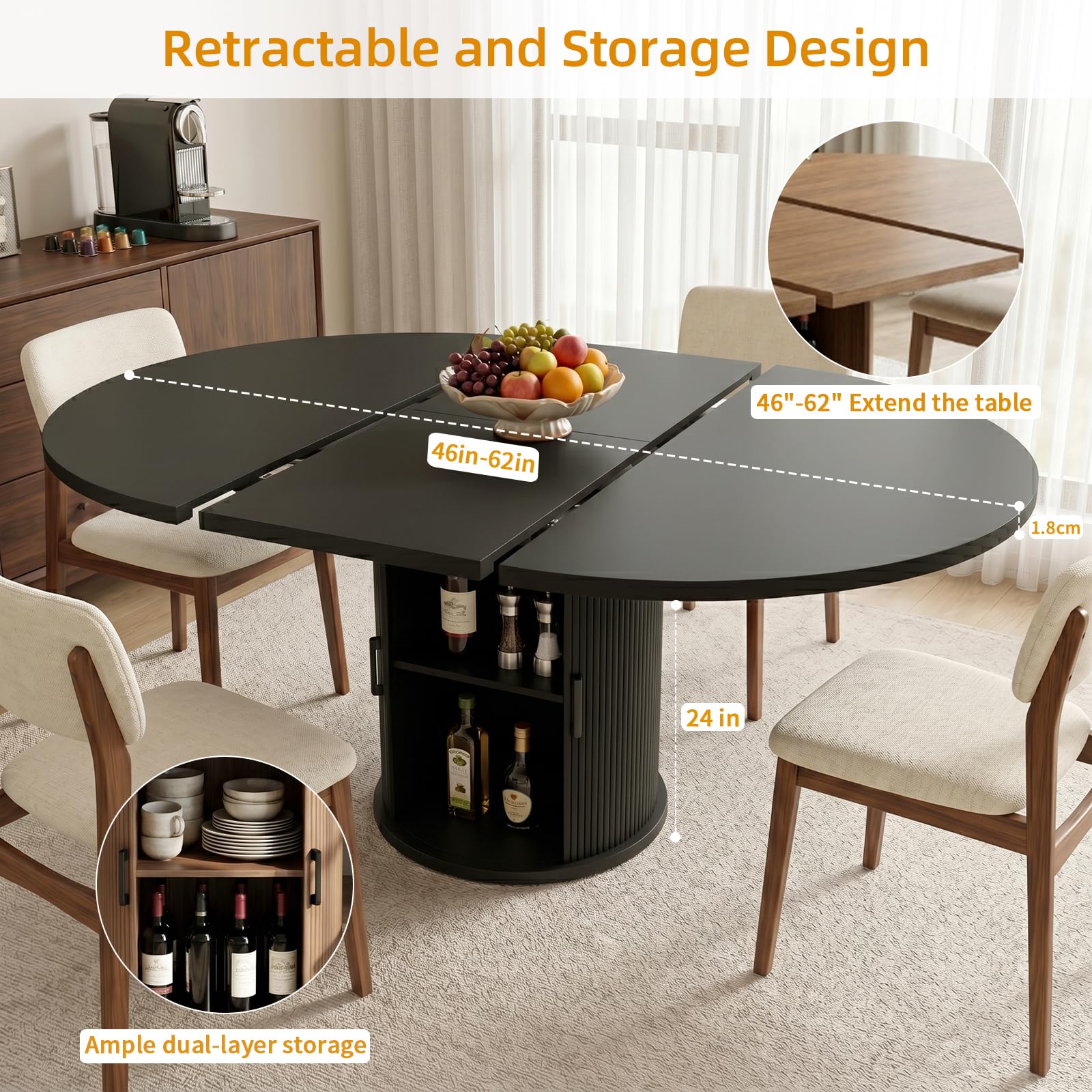 Tavolo da pranzo rotondo allungabile per 4-6 posti, 118-158 cm, ovale da cucina con armadio nascosto, si estende fino a ovale, per casa, sala da pranzo, soggiorno, nero
