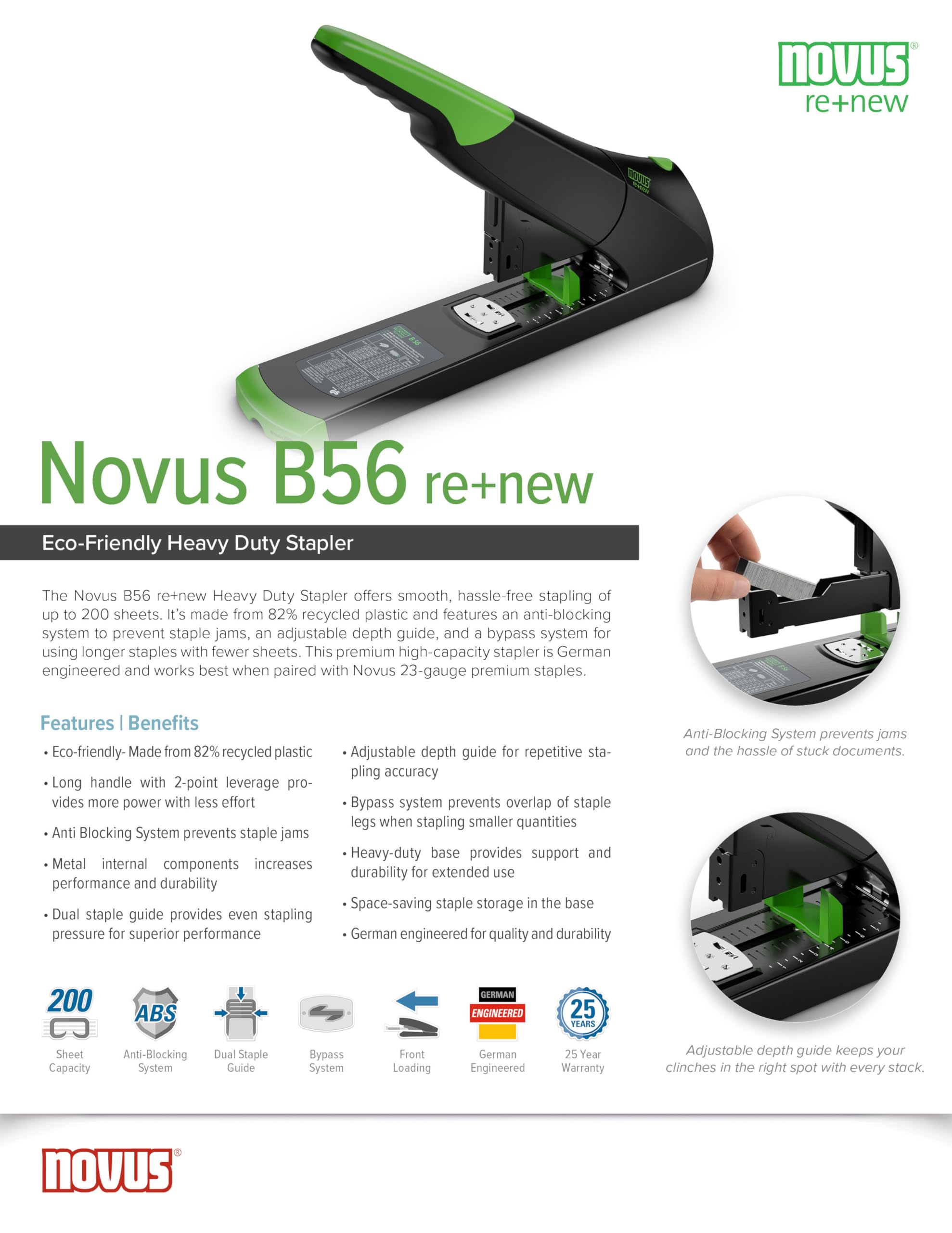 Novus B 56 re+new nachhaltiges Blockheftgerät (Heftleistung 200 Blatt, variabler Einlegetiefe bis 75 mm, Vollmetallgerät mit Kunststoffummantelung aus 82% recyceltem Kunststoff) schwarz grün