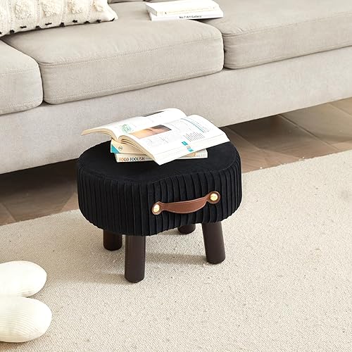 Miniatura 6 de Otomana y descanso de terciopelo para pies, reposapiés curvado para sala de estar y entrada, color negro, con asiento acolchado y patas de madera