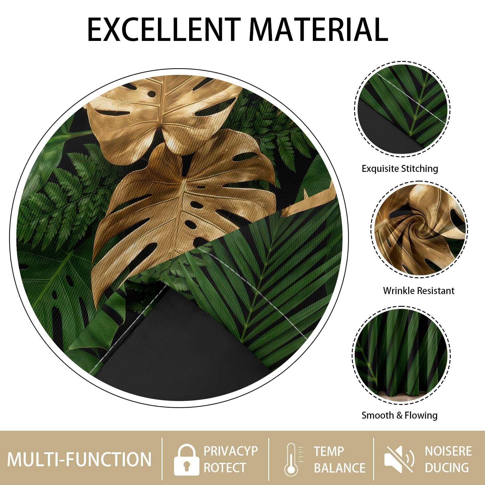 Rideaux Occultant Feuille Plante, Rideaux Occultant Monstera Métallique Tropicale Rideau Thermiques Isolant Anti Froid et Chaleur Rideau à Oeillets pour Salle De Séjour, 2 PCS, 91.5L X 160H cm