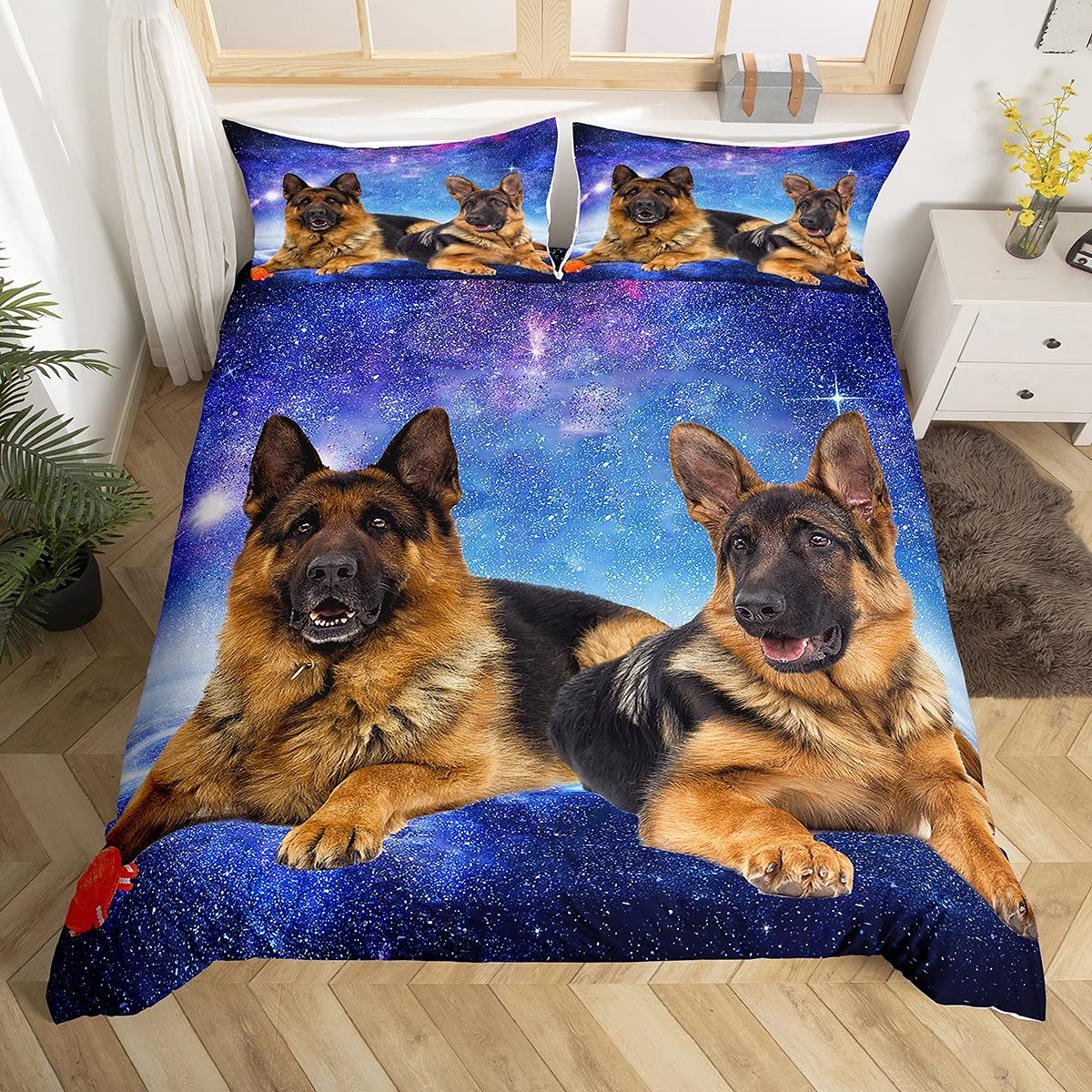 Cane Galaxy Copripiumino 3D Pastore Tedesco stampato Cane Parure da letto 200 x 200 cm Chic Blu Viola Cielo stellato per ragazzi Ragazze Adolescenti Carino Pet Cucciolo Animale Set copripiumino
