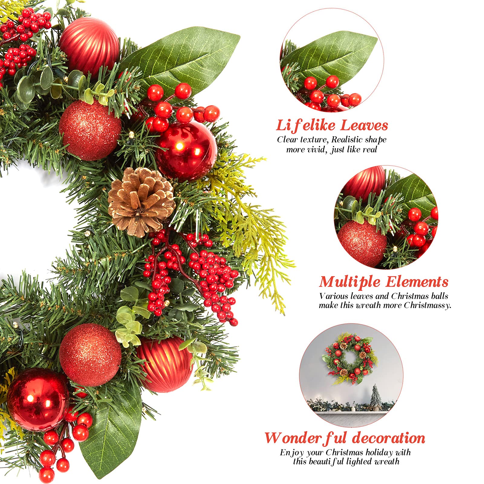 45 cm grote kerstkrans met verlichting, 15 leds, kunstkrans voor de voordeur, dennennaaldenkrans met kerstballen, dennenappels, bessen, bos 45 cm grote kerstkrans met verlichting, 15 leds, kunstkrans voor de voordeur, dennennaaldenkrans met kerstballen, dennenappels, bessen, bos