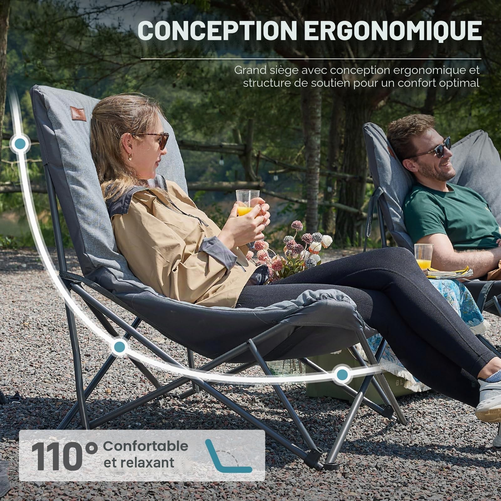 EVER ADVANCED Chaise de Camping Pliable XXL 180kg, Dossier Haut | Chaise pliante surdimensionnée à dossier haut, relax pour camping, jardin, balcon, pêche, intérieur, grise