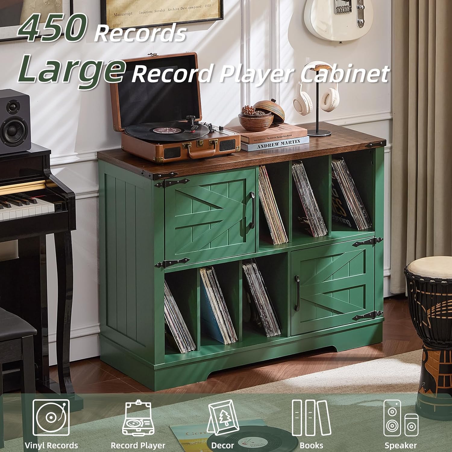 Joaxswe Large Record Player Stand with Vinyl Storage Up to 450 Albums, 39 Inch Farmhouse Wood Green Vinyl Records Storage Cabinet with Barn Doors, Mid-Century Accent Turntable Stand for Living Room