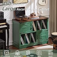 Vista 4 de Large Record Player Stand with Vinyl Storage Up to 450 Albums, 39 Inch Farmhouse Wood Green Vinyl Records Storage Cabinet with Barn Doors