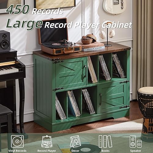 Miniatura 4 de Large Record Player Stand with Vinyl Storage Up to 450 Albums, 39 Inch Farmhouse Wood Green Vinyl Records Storage Cabinet with Barn Doors