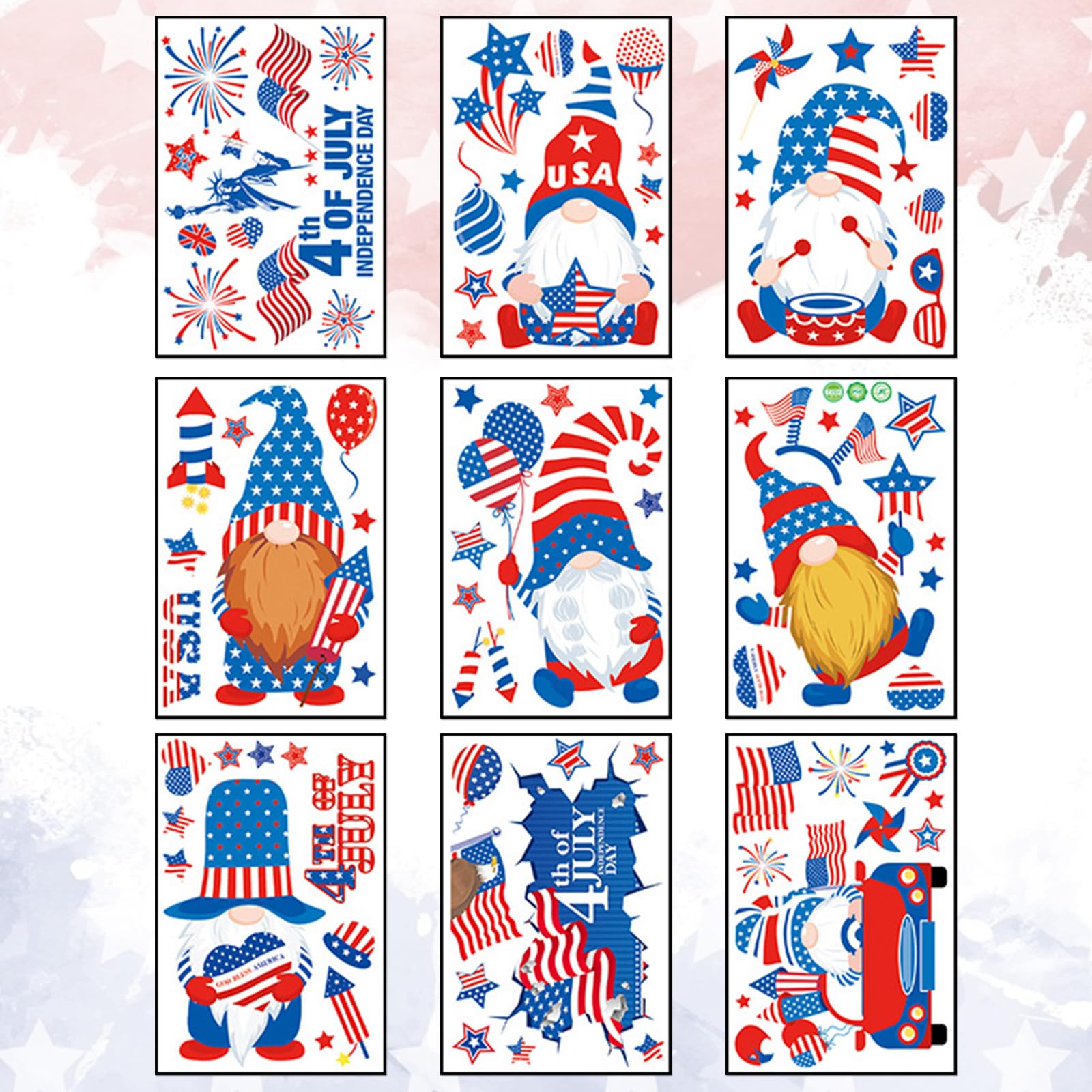 ABTOLS 9 Sheets Patriotic Memorial Day Gnome Window Clings Reusable 4th of July Static Windows Cling Decal Removable America Flag Gnome Truck Stickers