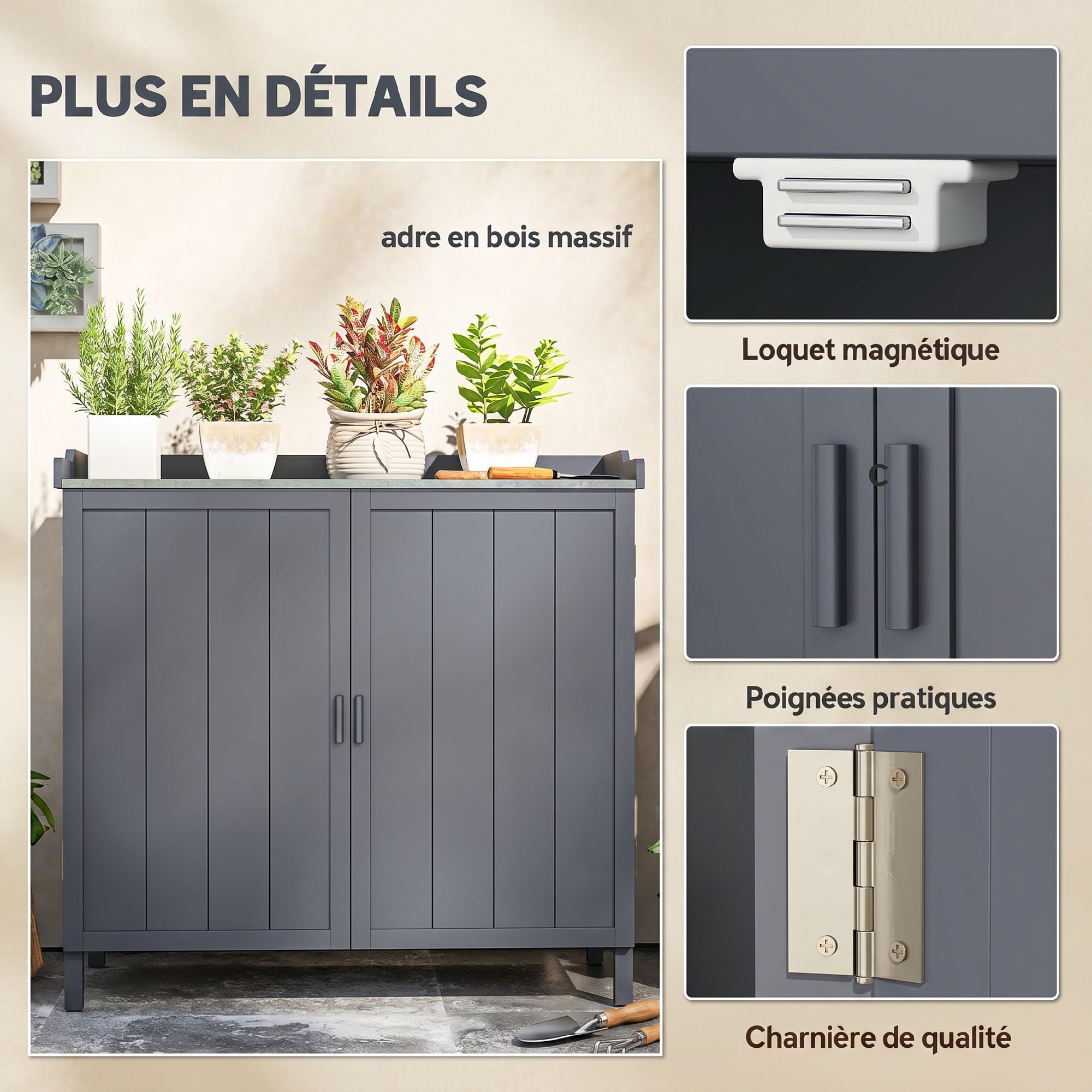 Outsunny Armoire de Rangement de Jardin sur Pied avec Double Porte Gris | Table de Rempotage 2 en 1, Étagère Intégrée, Plateau en Métal Galvanisé