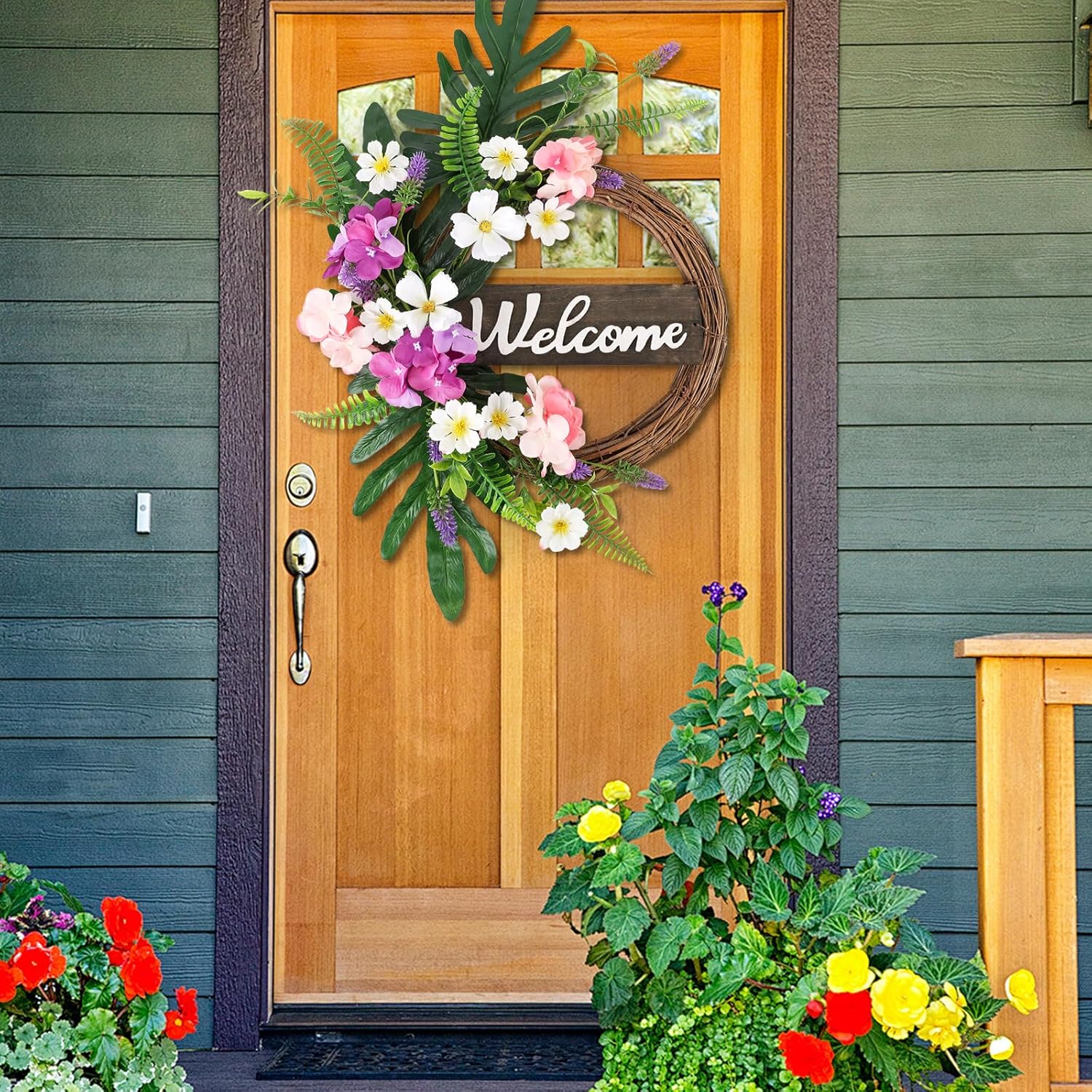 22'' Tropical Wreath Palm Leaf Hibiscus Flower Summer Artificial Floral Hanging Wreath for Front Door Decoration Indoor Outdoor Farmhouse Porch Home Kitchen Wall Window