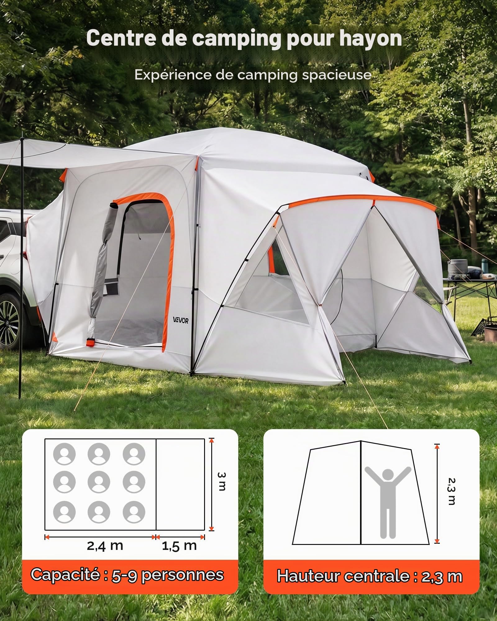 VEVOR Tente Arrière SUV, Tente de Camping pour Voiture 396,4x305 cm Capacité 5-9 Personnes, pour Randonnée Voyage en Plein Air, Auvent de Hayon Imperméable PU2000 mm, avec Fenêtres Ventilées