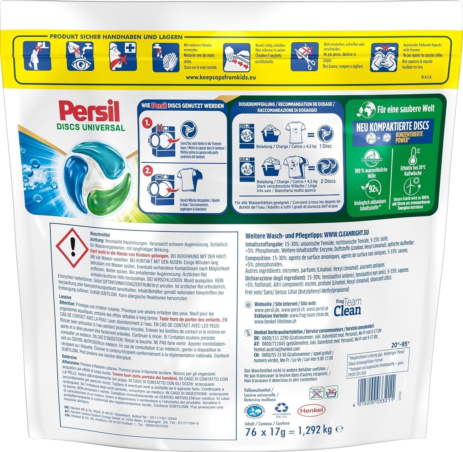 Persil Universal 4in1 DISCS 152 (2 x 76 WL), Vollwaschmittel mit Tiefenrein-Plus Technologie bekämpft hartnäckige Flecken, 92% biologisch abbaubare Inhaltsstoffe