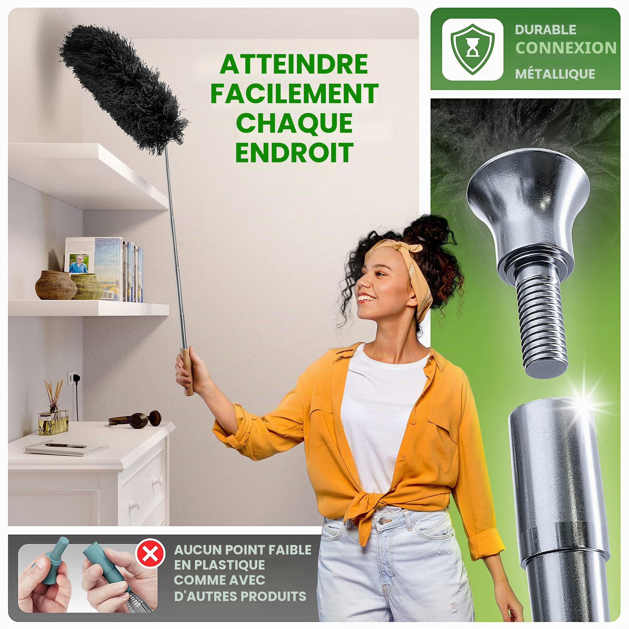 BAMBUA Plumeau Poussiere Telescopique [Microfibre Spéciale] - Poignée en Bambou - Plumeau Telescopique - Tete de Loup Telescopique Premium pour Un Nettoyage Durable - Plumeaux Tête de Loup (140 cm)