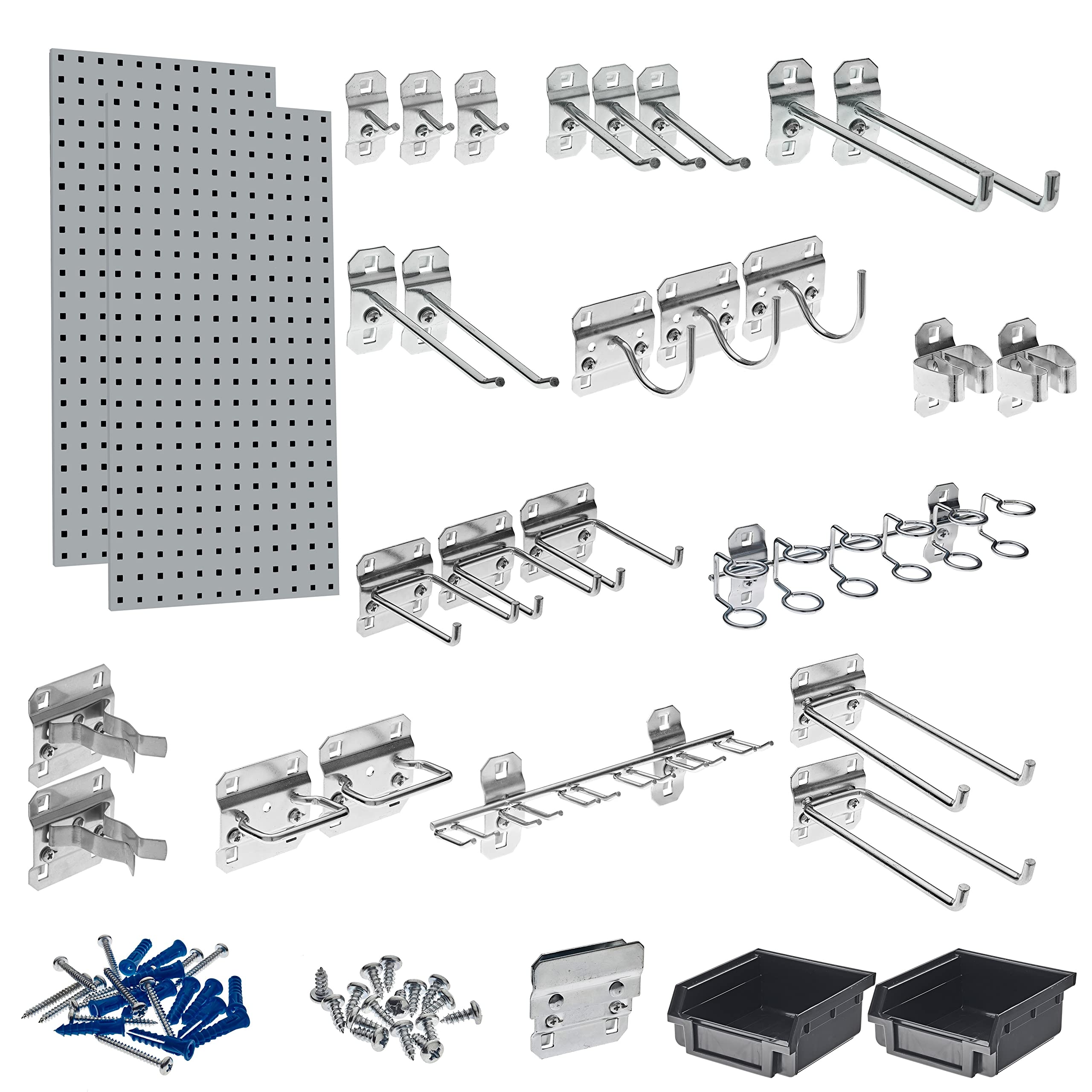 Triton Products (LB18-GKit) LocBoard (2) 18 In. W x 36 In. H x 9/16 In. D Gray Steel Square Hole Pegboards with 30 pc. LocHook Assortment & Hanging Bin System, Gray, 2-Pack