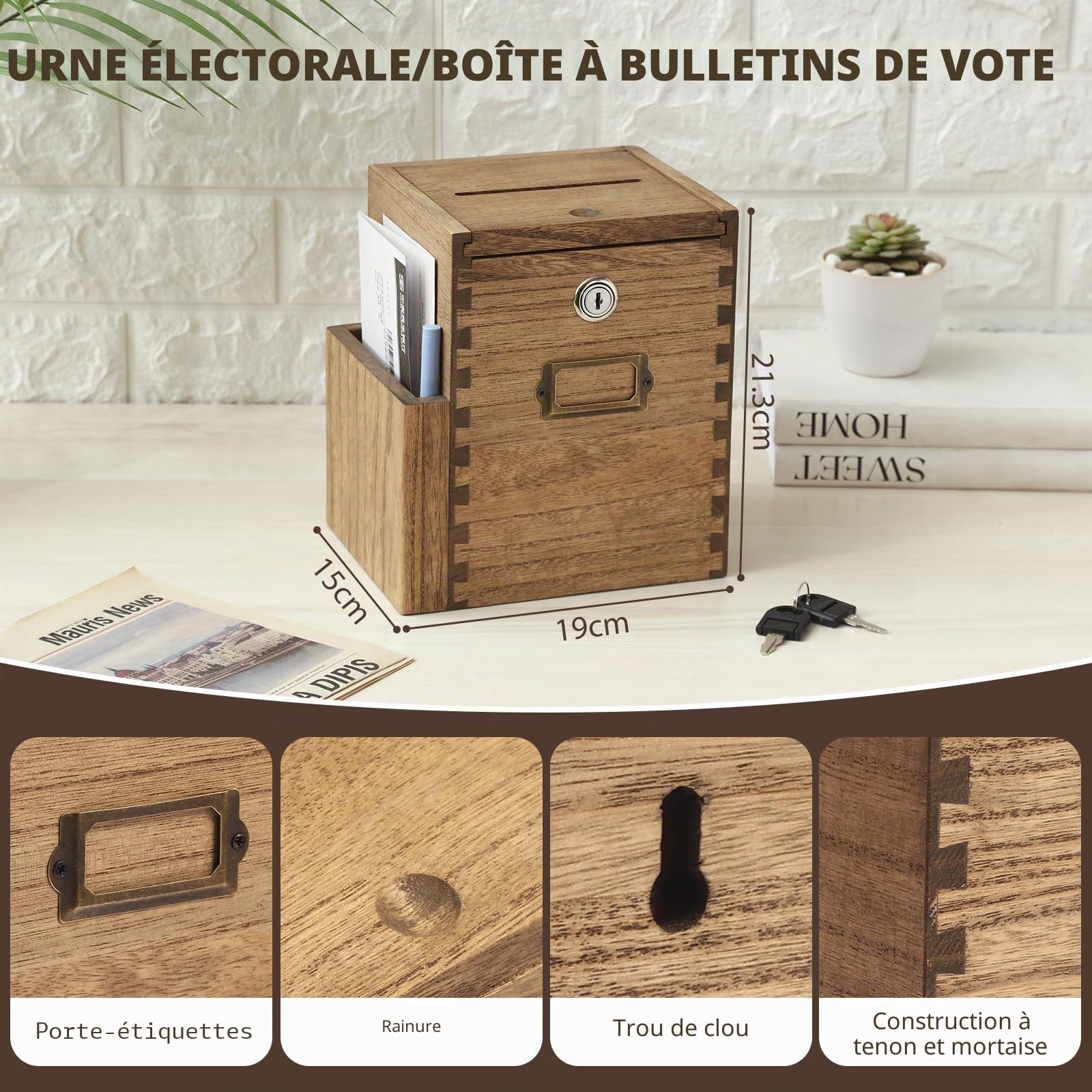 KIRIGEN Boîtes à suggestions en bois Boîtes à suggestions verrouillables pour bureaux, écoles, hôpitaux Boîtes de vote pour les dons jaune-brun