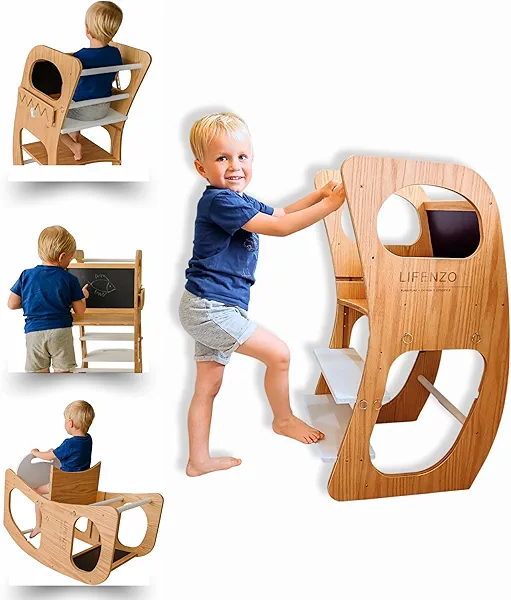 4-in-1 Toddler Tower - Montessori Kids Kitchen Step Stool - Standing Tower - Toddler Kitchen Stool Helper - Adjustable Wooden Step Stool, Chalkboard, High Chair & Rocker, Ages 1-6