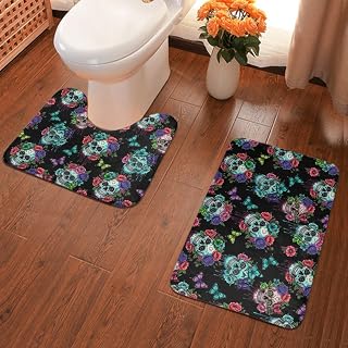 Luxury Tub Shower Bath Rug + U-Shaped Bath Mats, Rubber Backing 2 Pack Bathroom Rug Mat Set for Bath Room Hotel Spa, Flowers Butterflies Rose Dead Sugar Skull Shaggy Rugs