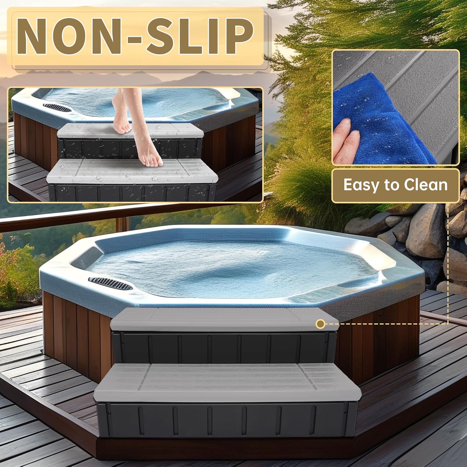 KUAFU Universal Spa Hot Tub Step with Storage, Outdoor Indoor Compartment Spa 2-Step Stool Pool Ladder Handi Step Slip Resistant Striped Dark Gray+Black 350lbs Load Capacity