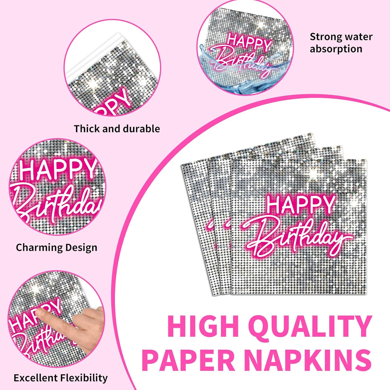 200pcs Silver Sequins Pink Neon Birthday Tableware Set Shimmer Hot Pink Disposable Party Plates and Napkins Disco Silver Glitter Party Decorations 80s Neon Light Tableware Decor Serves 50 Guests