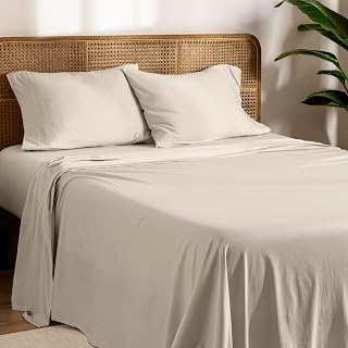 100% Organic Cotton Jersey Sheet Set, Ultra Soft, 100% Cotton - Sheet Set & Pillowcases - Deep Pocket Bed Sheets (Queen, Sand)