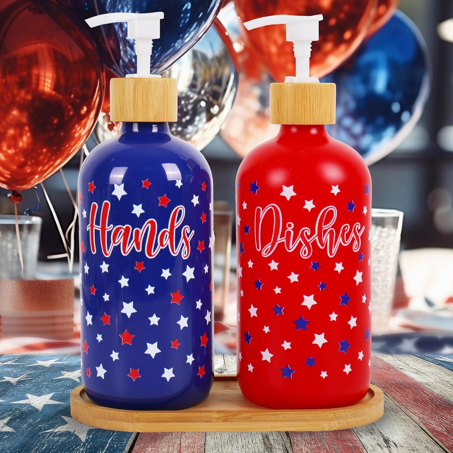 FYSUIMU 2 Pcs Patriotic Soap Dispenser Glass Soap Dispenser with Pump Red Blue Star Refillable Liquid Container for 4th of July Independence Day Hands Dishes Party Home Kitchen Bathroom Decor