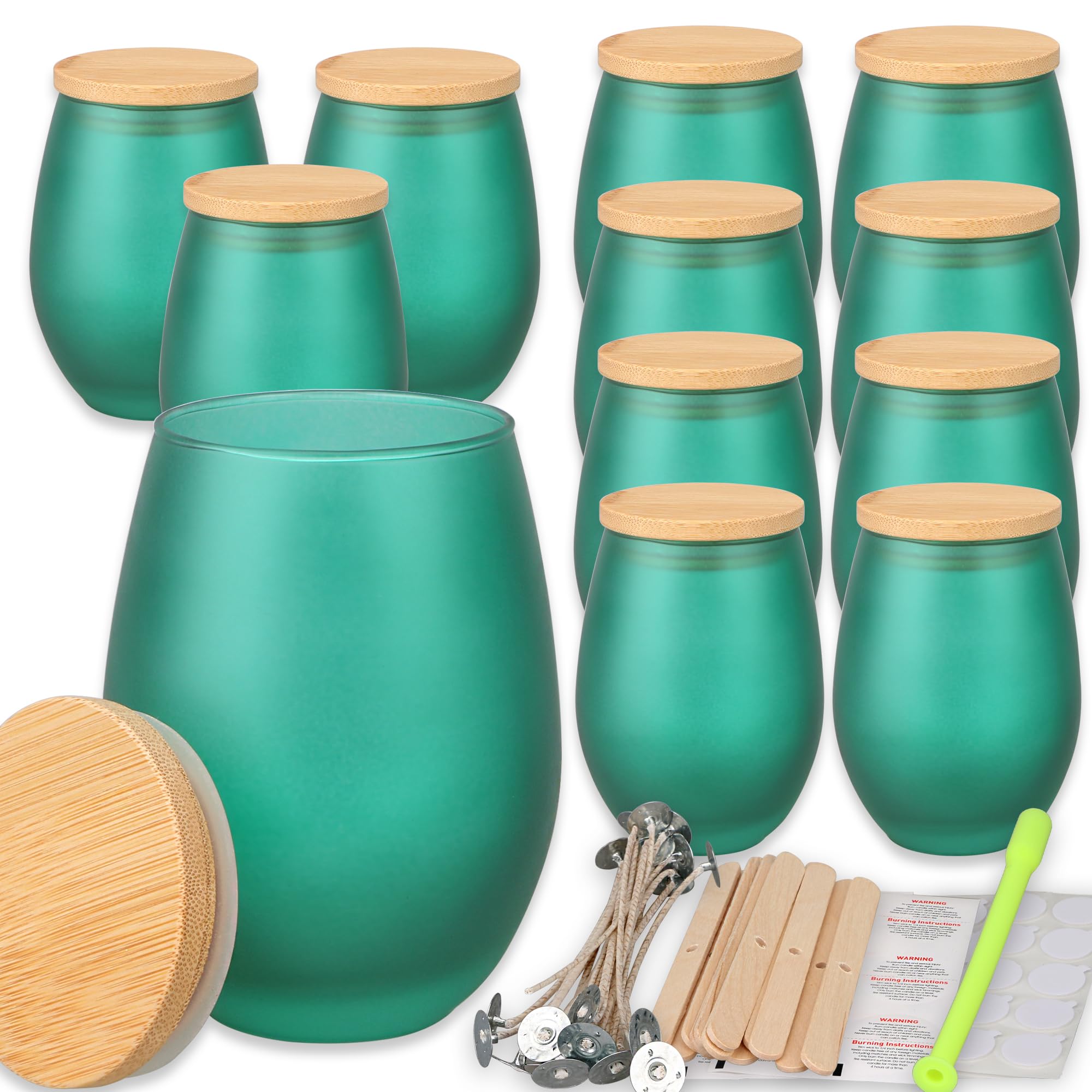 MILIVIXAY Lot de 12 Pots à Bougies de 414 g Avec Couvercles en Bambou - Pots Verts Mats Ovales en Verre Pour Fabrication de Grandes Bougies - Kit Inclus