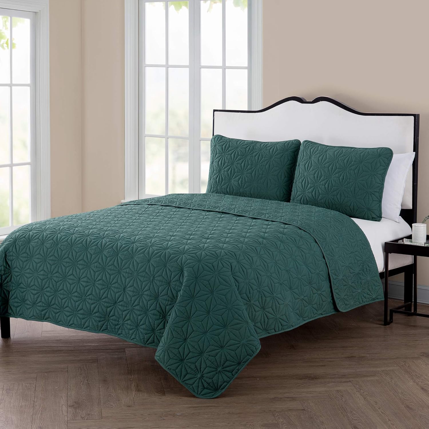 Full Green Microfiber Reversible Geometric Quilt Set