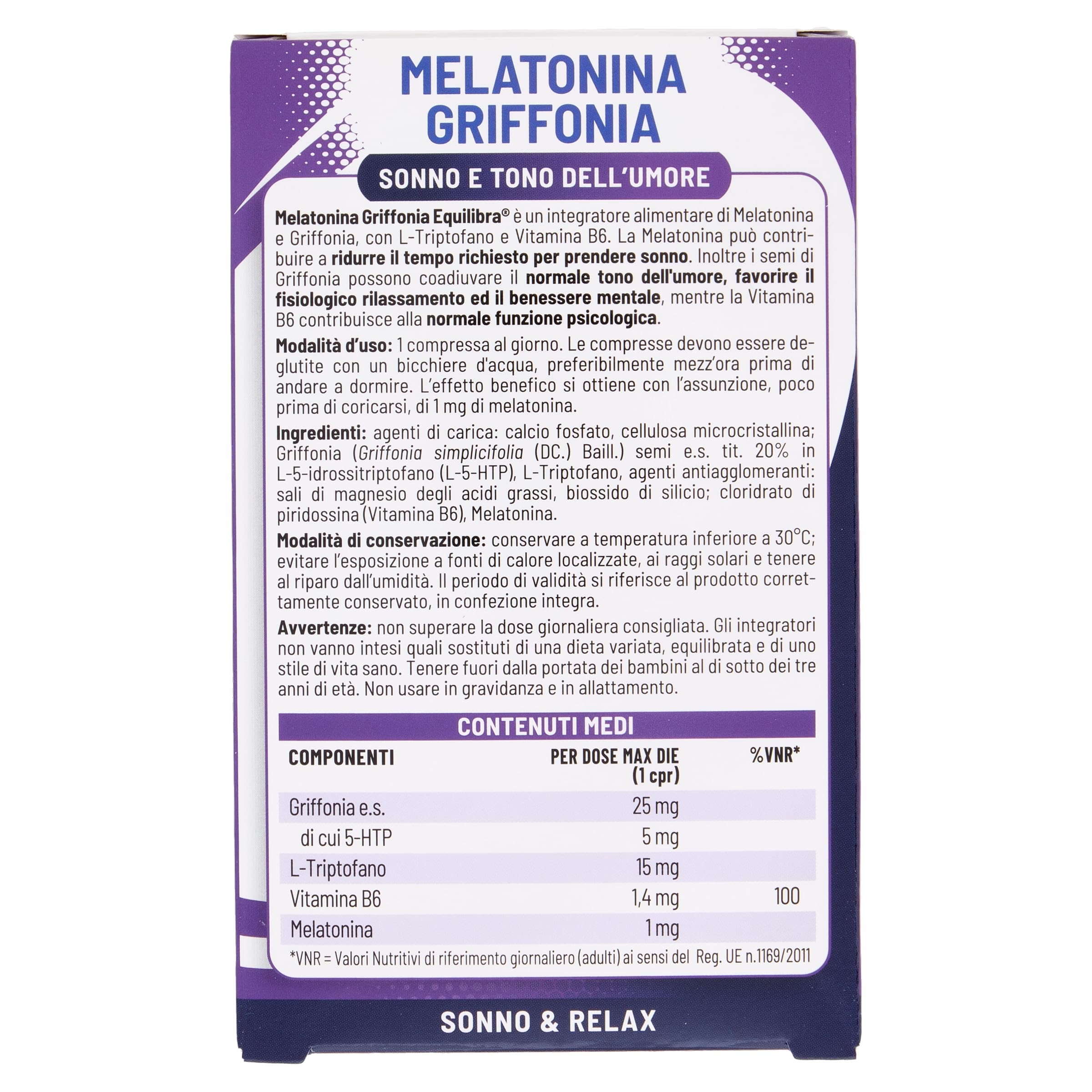 Equilibra Integratori Alimentari, Melatonina + Griffonia, Integratore a Base di Melatonina e Griffonia, Contribuisce a Ridurre il Tempo di Addormentamento, Favorisce il Rilassamento, 60 Compresse