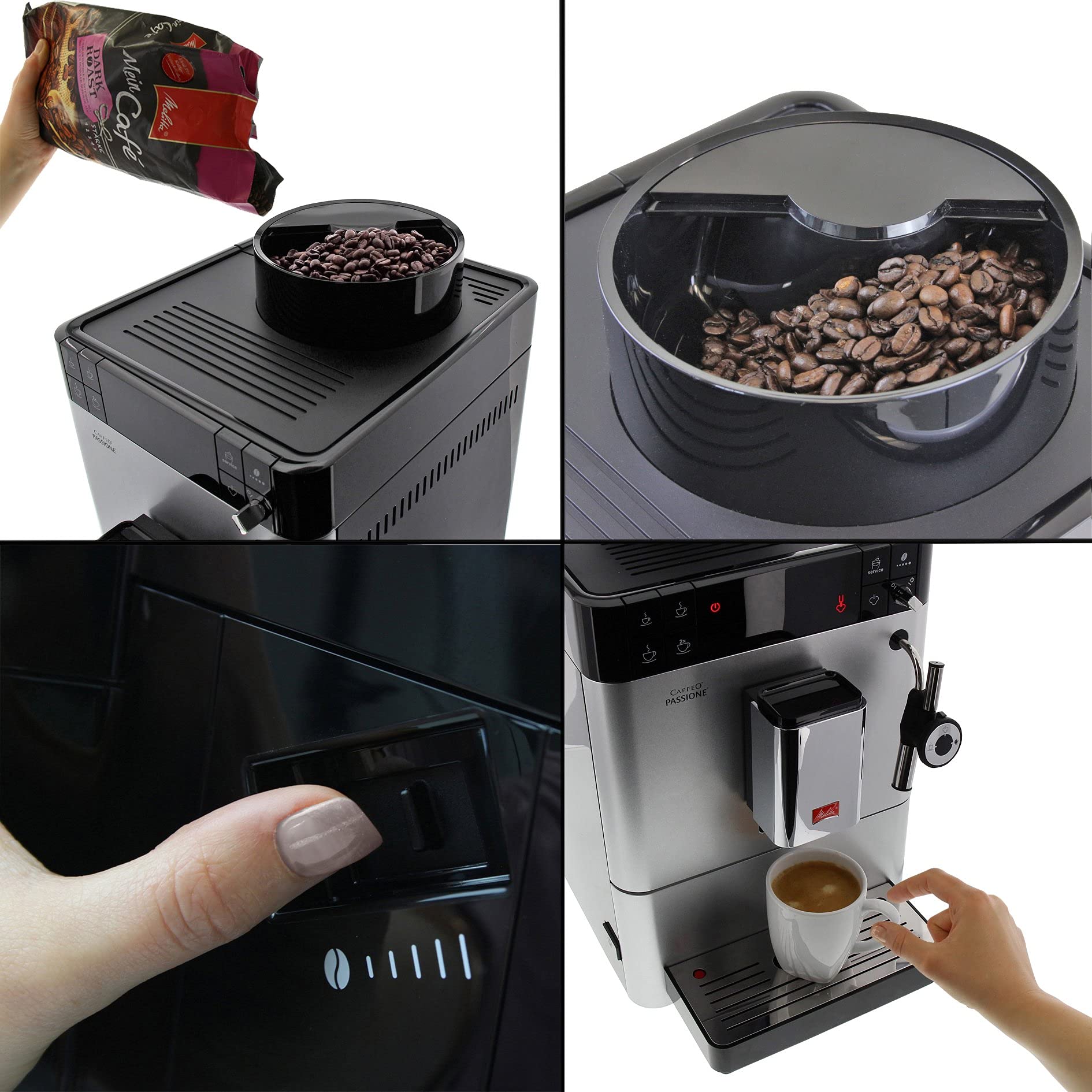 Melitta Passione F530-101, Kaffeemaschine mit Mühle, Kaffeebohnen, Milchsystem, automatische Reinigung, personalisierbar, 15 bar, Silber (generalüberholt)