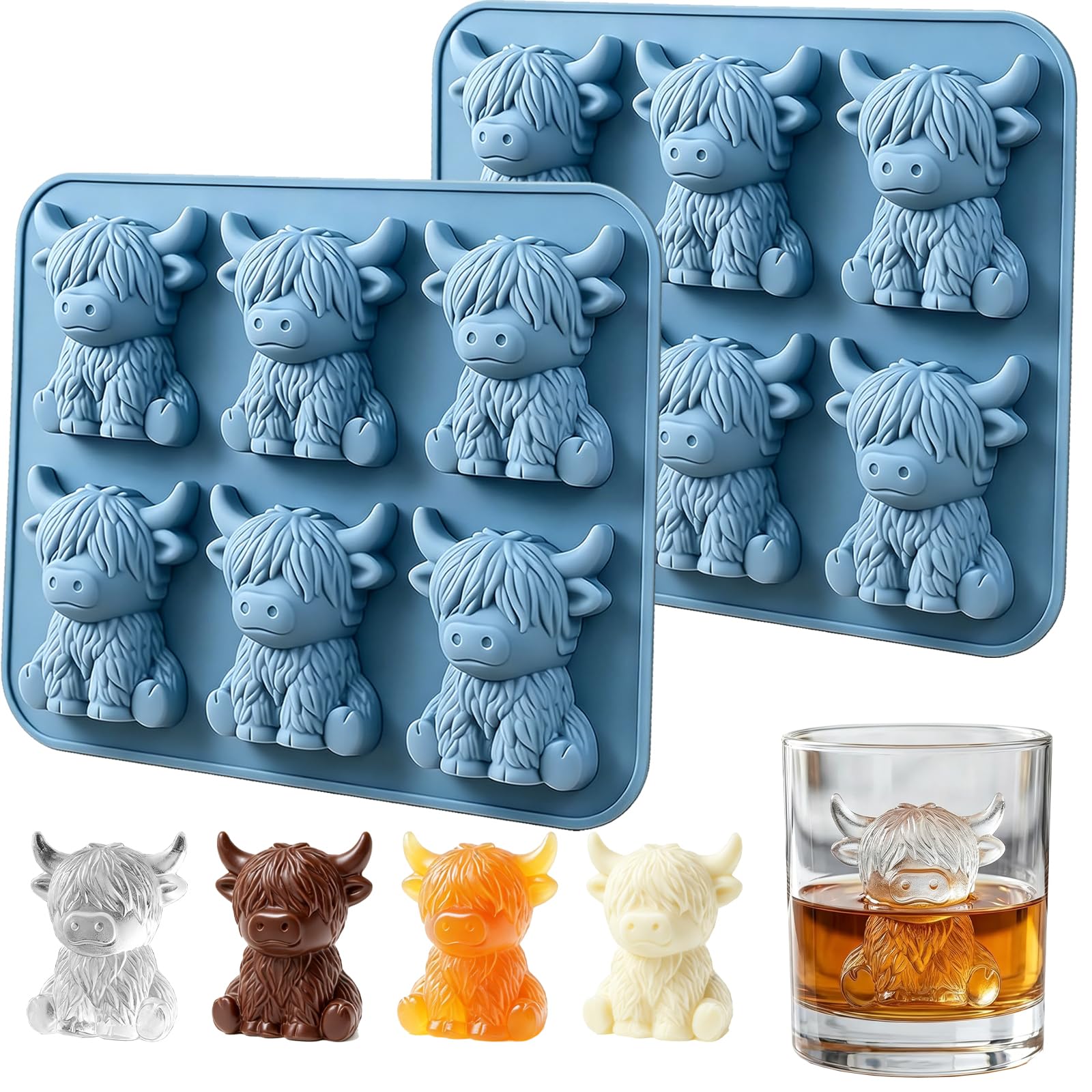 AUNGCSHE Highland Cow Ice Cube Tray, 3D Mini Reusable Ice Cubes, Highland Cow, Ice Cube Tray, Funny for Whisky, Cocktails, Chocolate, Jelly, Sweets and Soap Pack of 2
