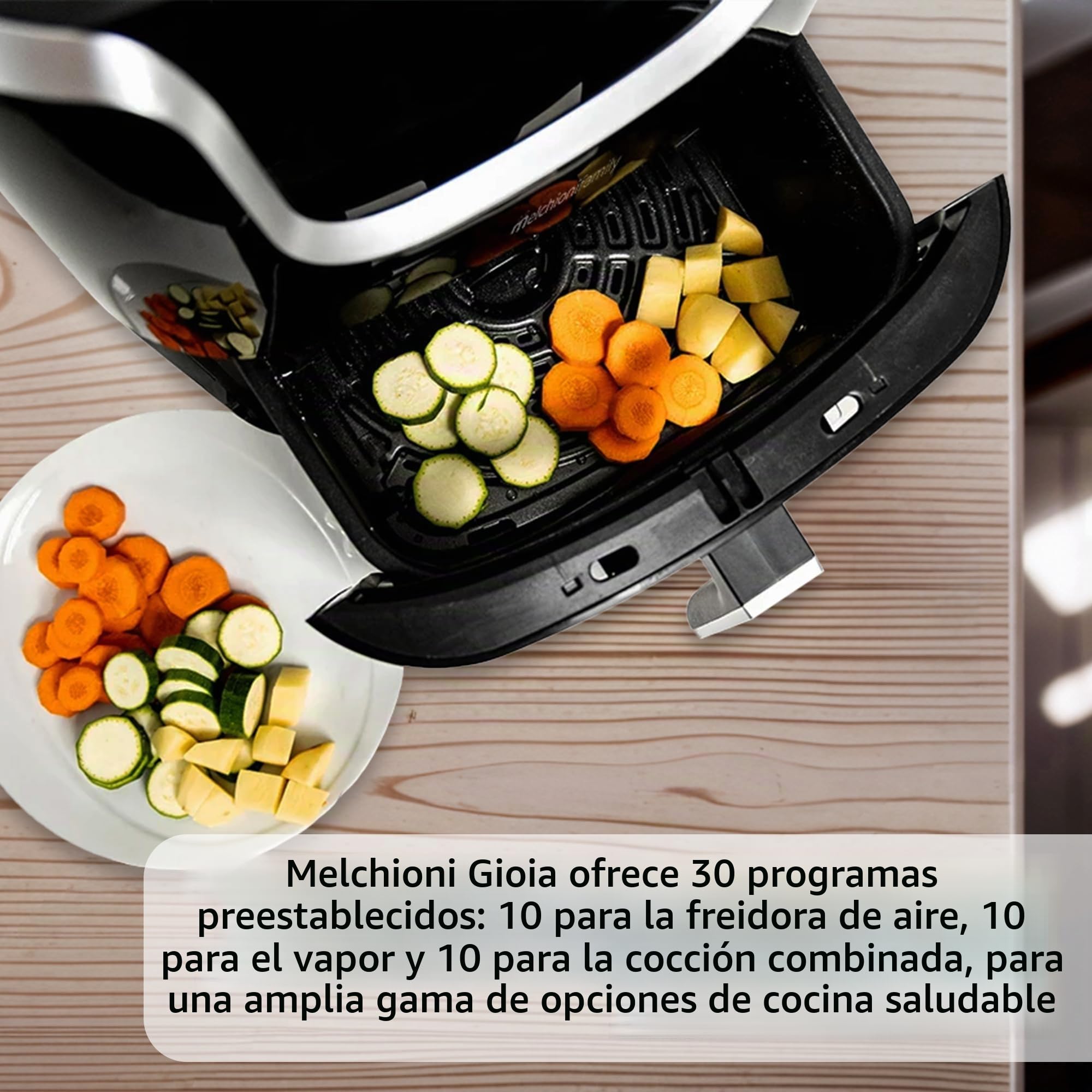 Freidora de Aire Melchioni Gioia 3in1 con Función de Cocción al Vapor, Capacidad de 6,5L, Pantalla Táctil, 30 Programas Preestablecidos, Temporizador y Temperatura Regulable, Potencia de 1700W.